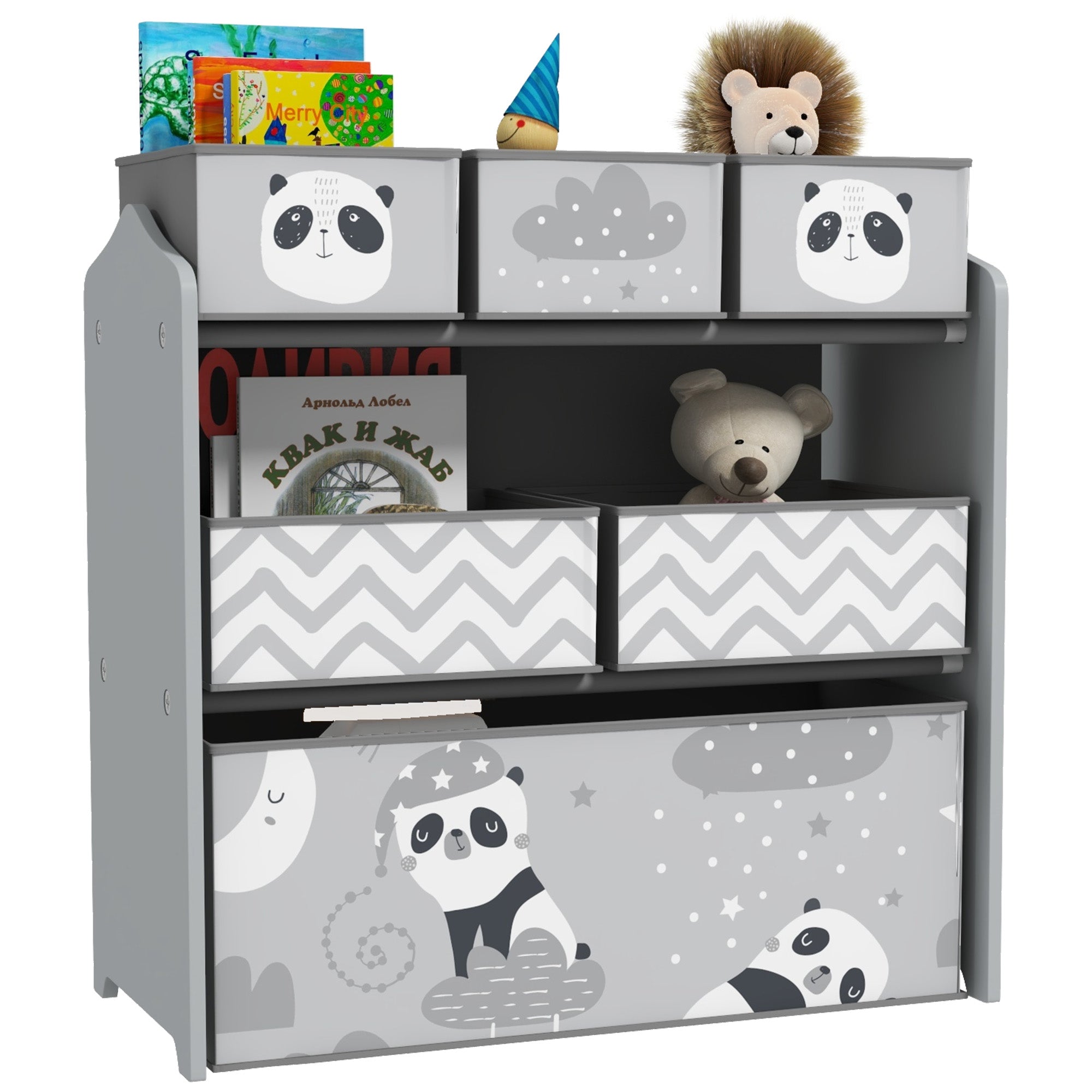 ZONEKIZ Kids Storage Unit, Toy Storage Organiser, with Six Fabric Bins, for Bedrooms, Playrooms, Nurseries - Grey - North Peak Garden Furniture