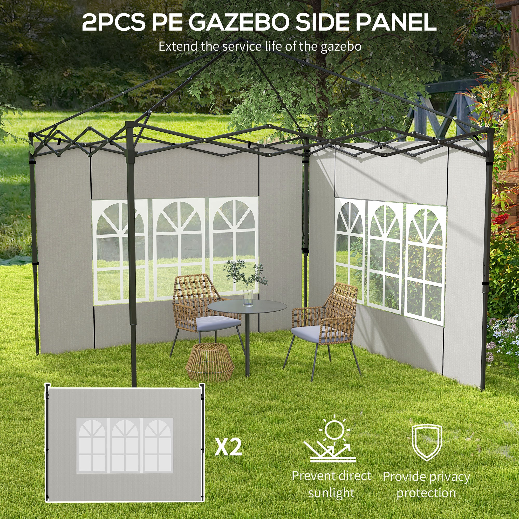 Outsunny Gazebo Side Panels, Sides Replacement with Window for 3x3(m) or 3x6m Gazebo Canopy, 2 Pack, White - North Peak Garden Furniture