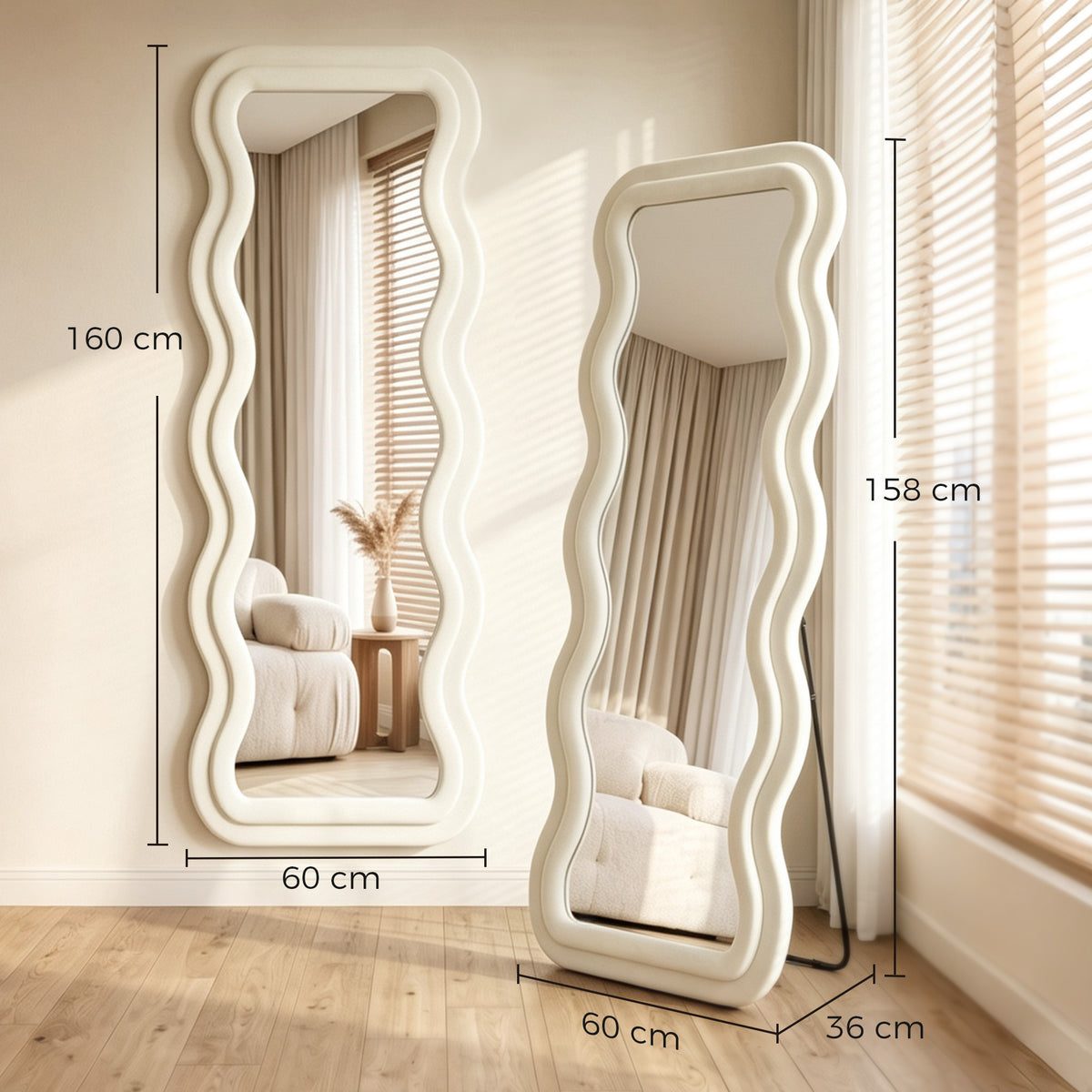 HOMCOM Full Length Mirror, 160 x 60 cm Wavy Full Body Wall Standing Mirror with Velvet Frame and Tempered Glass, Cream White