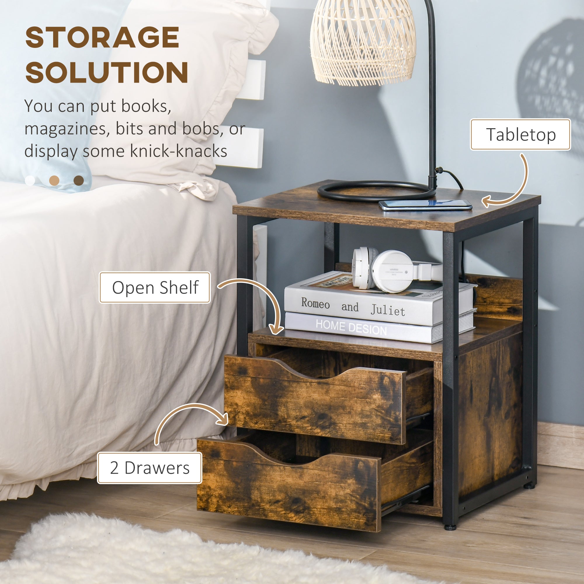 HOMCOM Industrial Side Table Set of 2, Sofa Table with Drawer, Bedside Cabinet with Storage Shelf, Slim Nightstand for Living Room, Bedroom, Rustic Brown - North Peak Garden Furniture