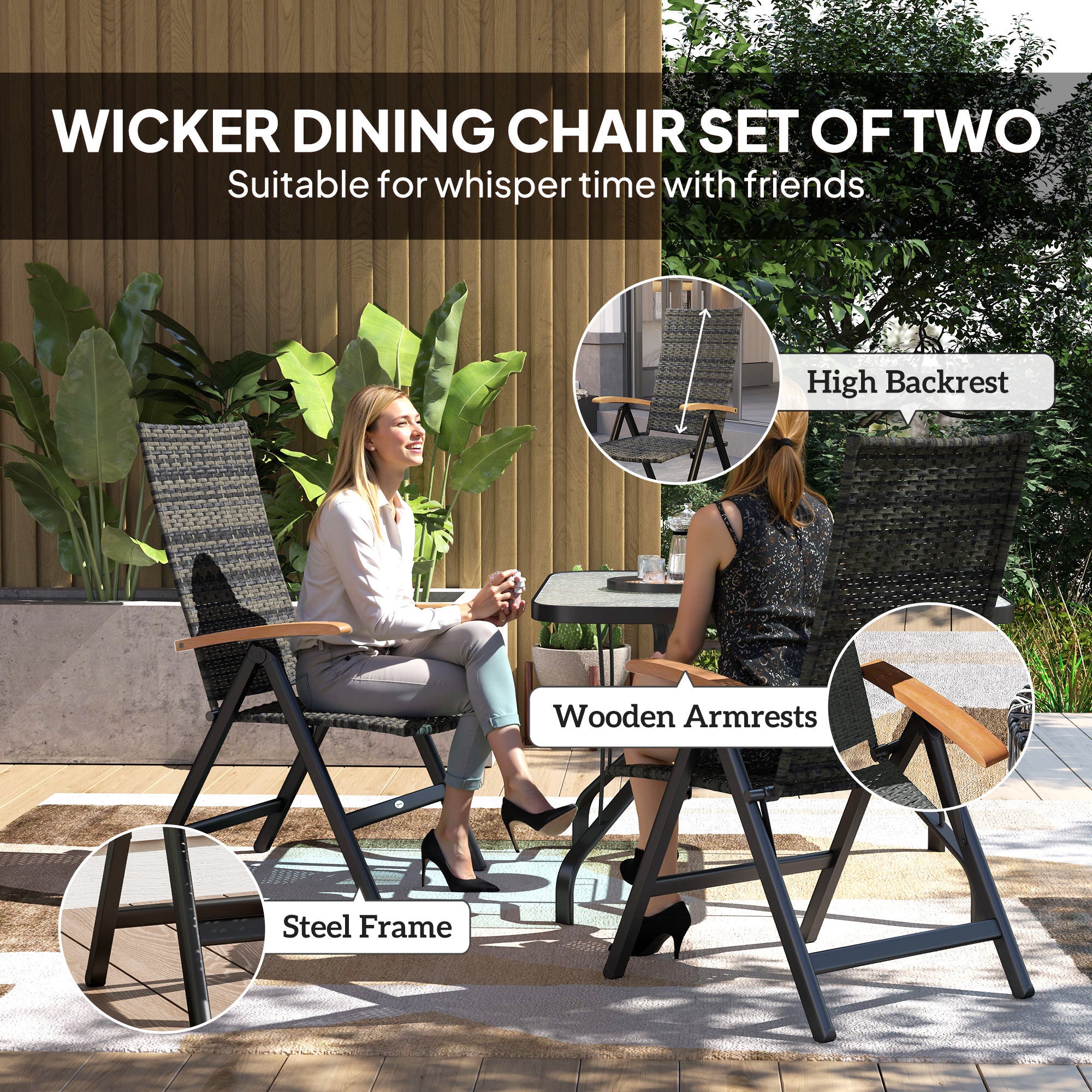 Outsunny 2 Pieces Outdoor Foldable Dining Chair with Armrests, High Backrest, for Garden, Camping, Balcony, Mixed-grey - North Peak Garden Furniture