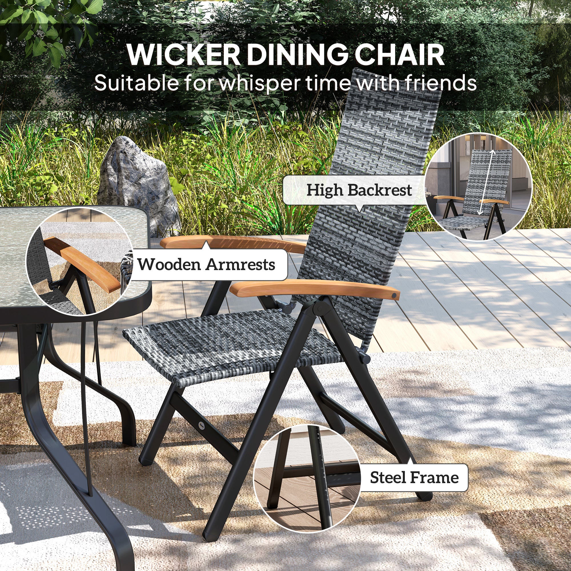 Outsunny Outdoor Folding Rattan Chair with Armrests, High Backrest, for Garden, Camping, Balcony, Porch - Light Grey - North Peak Garden Furniture