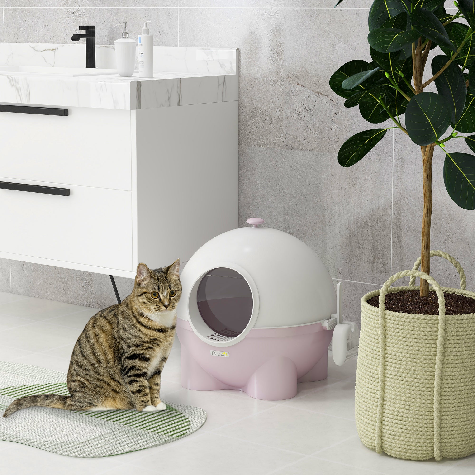 PawHut Large Cat Litter Box, with Scoop, Front Entrance, 53 x 51 x 48cm - Pink - North Peak Garden Furniture