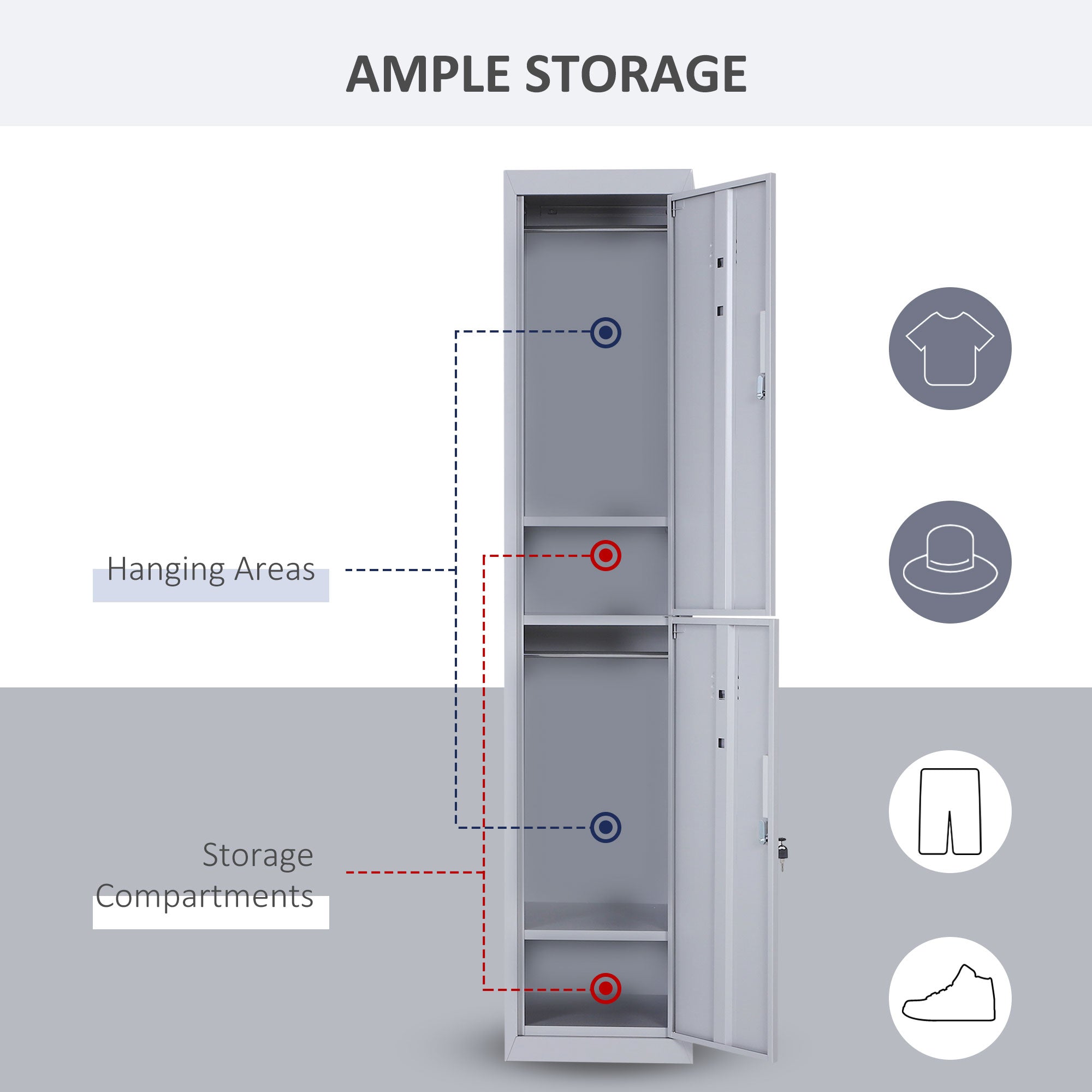 Vinsetto Steel Locker Cabinet: Office Storage with Shelves, Durable Cold-Rolled Steel, Grey, 38x46x180cm