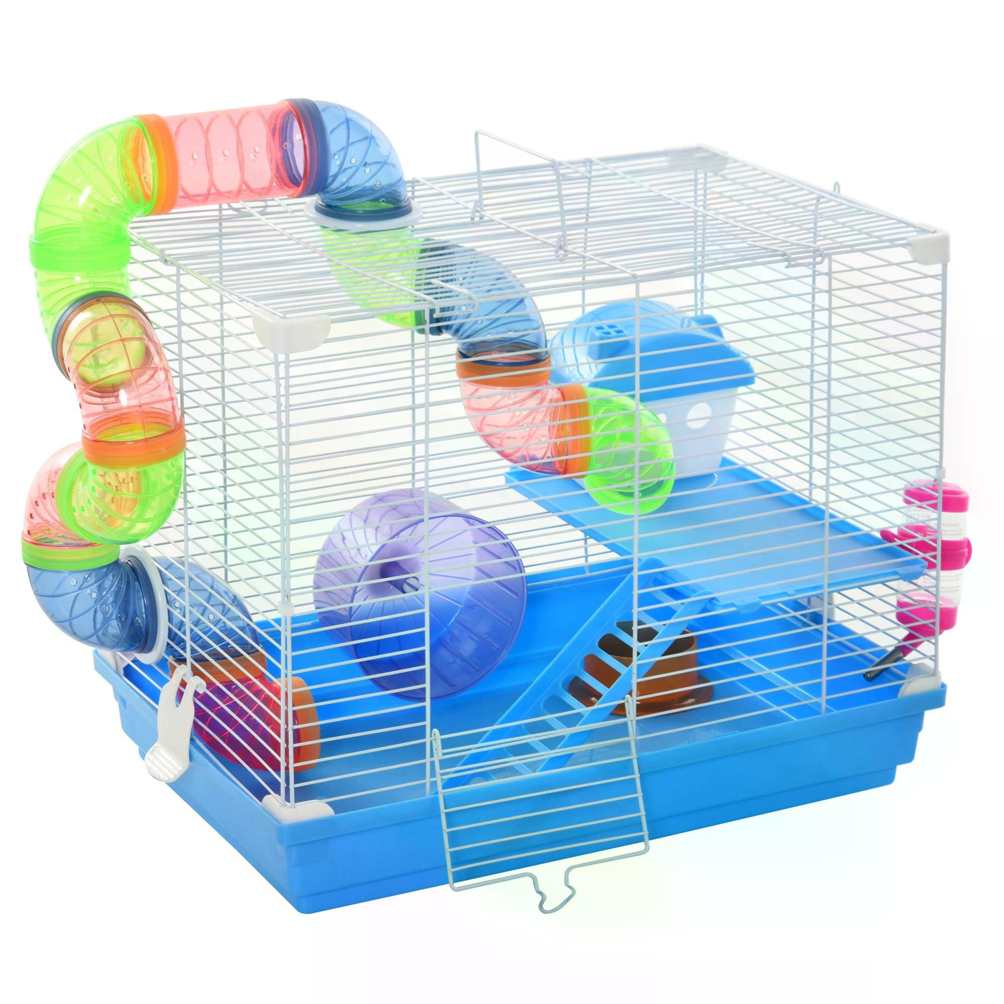 Pawhut 2 Tier Hamster Cage Carrier Habitat Small Animal House with Exercise Wheels Tunnel Tube Water Bottle Dishes House Ladder for Dwarf Mice, Blue