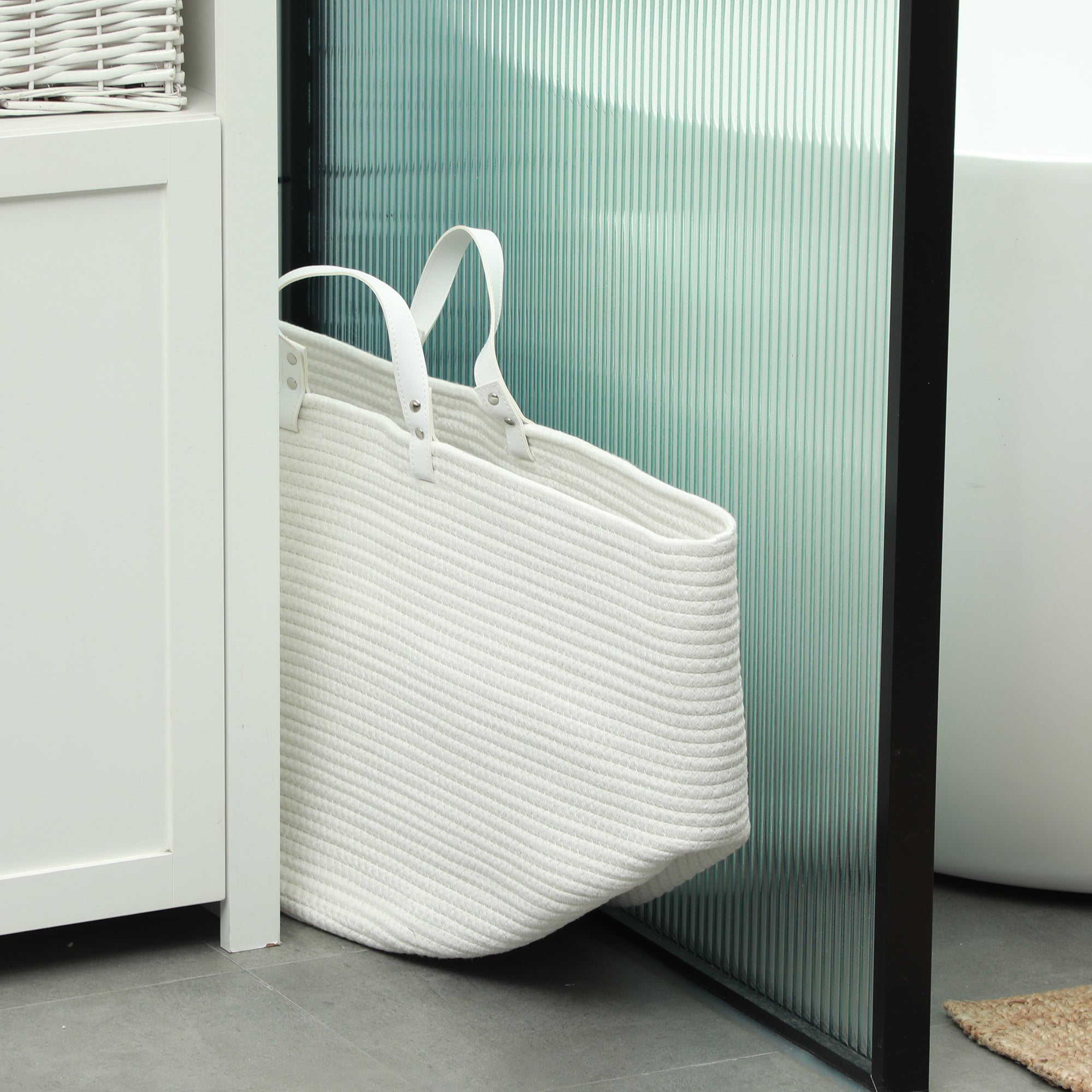 HOMCOM 88L Cotton Rope Laundry Basket, with Handles - Cream White - North Peak Garden Furniture