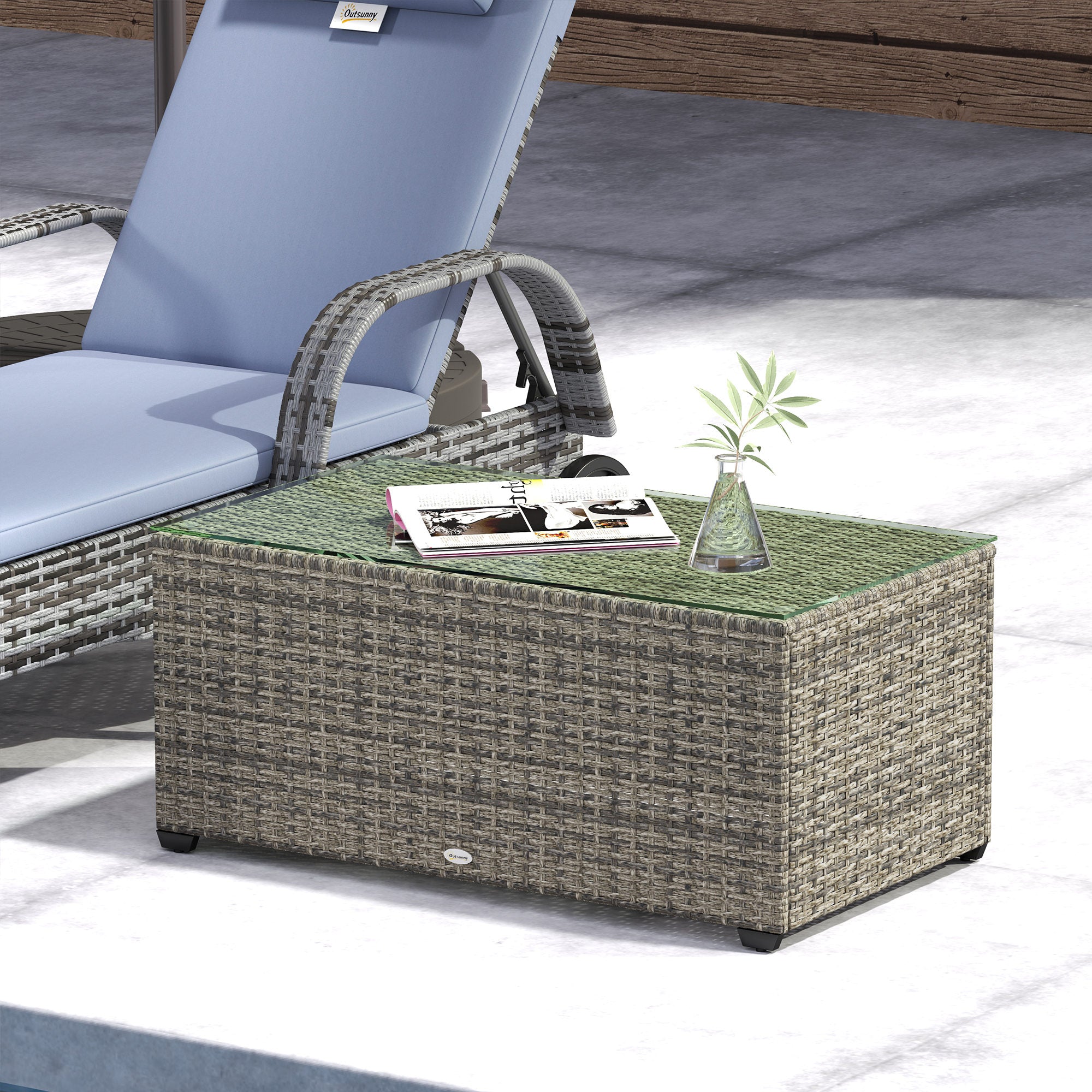 Outsunny 90 x 50cm Glass-Top Rattan Side Table - Dark Grey - North Peak Garden Furniture