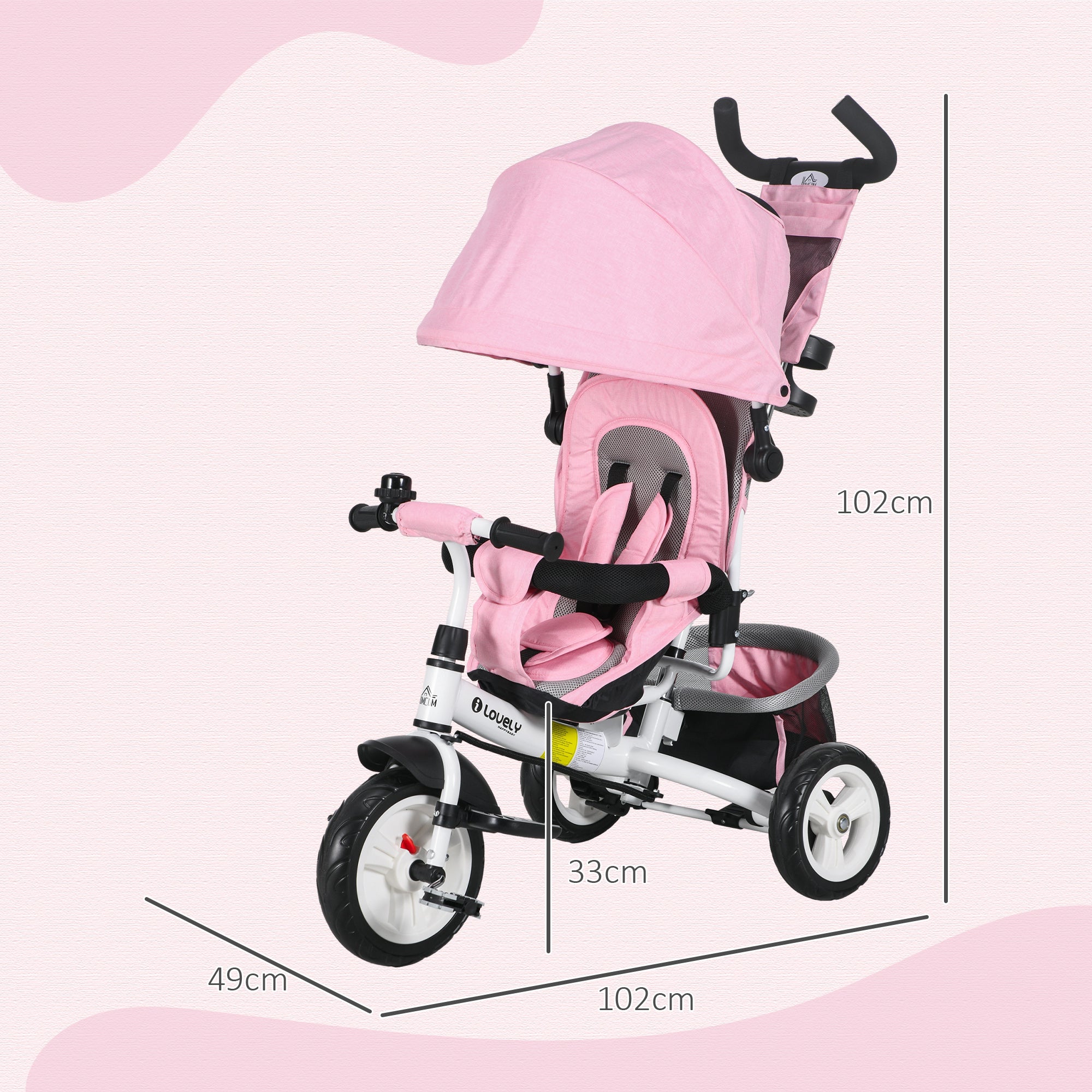 HOMCOM 6 in 1 Kids Trike Push Bike w/ Push Handle, Canopy, 5-point Safety Belt, Storage, Footrest, Brake, for 1-5 Years, Pink - North Peak Garden Furniture