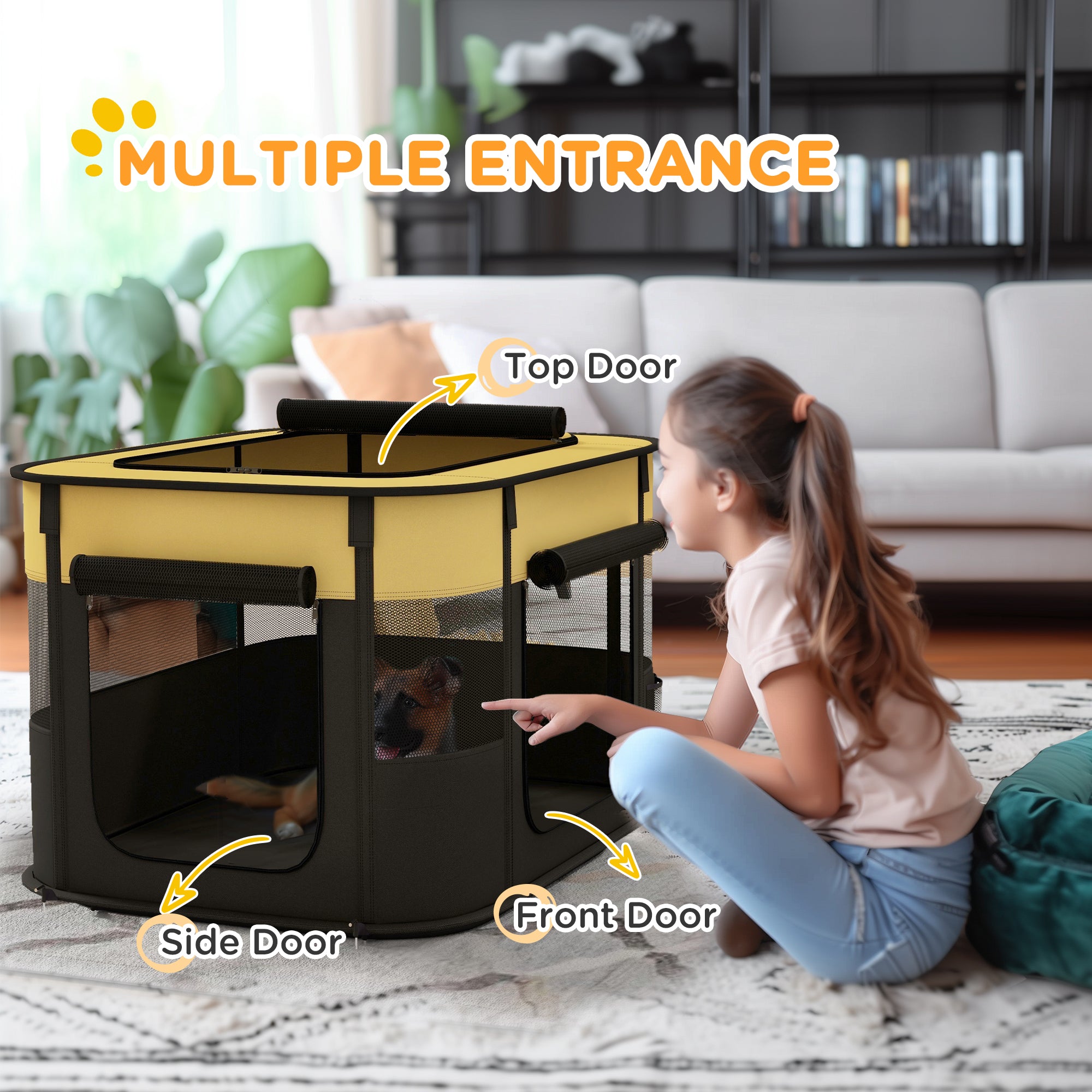 PawHut Foldable Dog Pen with Storage Bag for Indoor/Outdoor Use, Portable Pet playpen, with Ground Stakes - Yellow - North Peak Garden Furniture