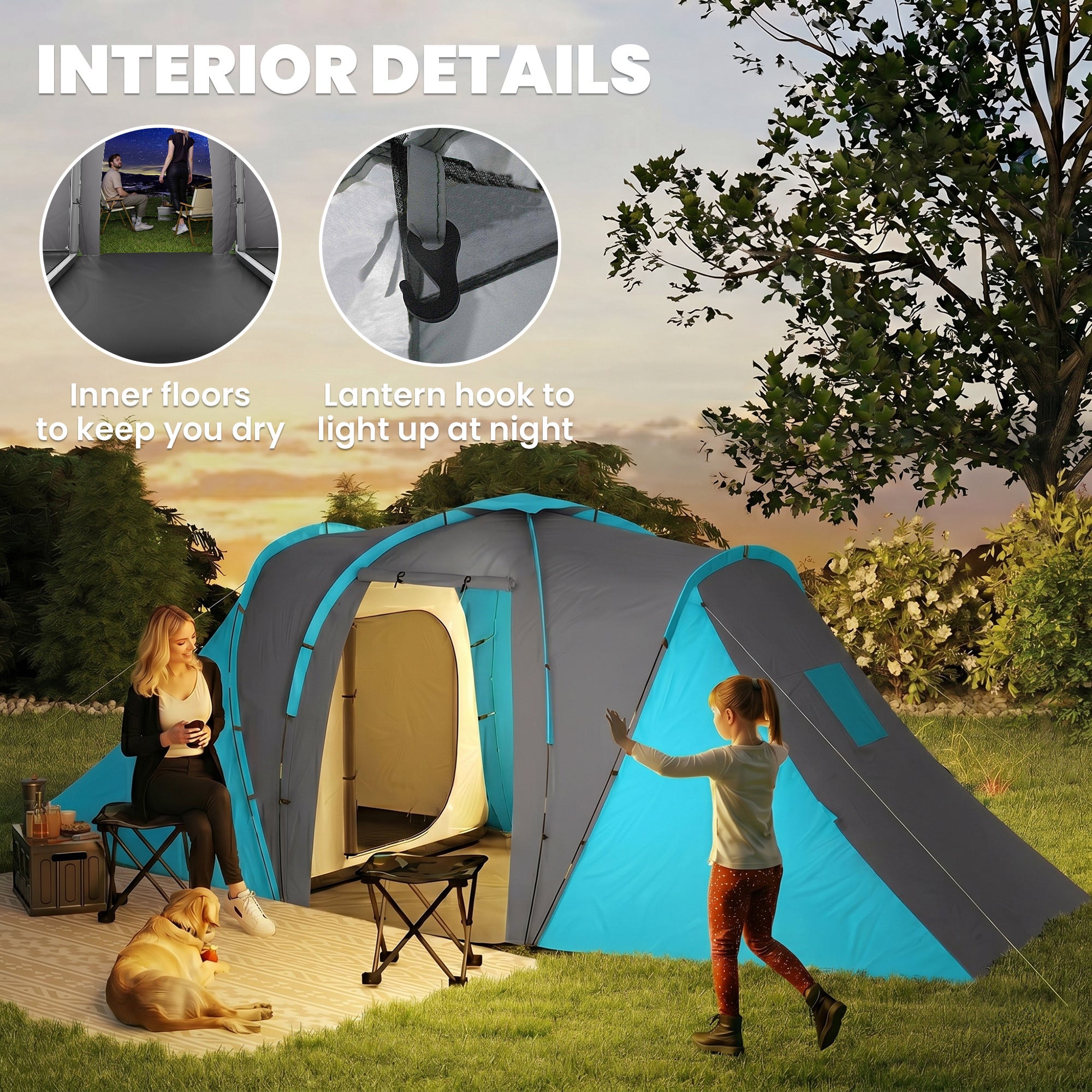 Outsunny Large Camping Tent Tunnel Tent with 2 Bedroom and Living Area, 2000mm Waterproof, Portable with Bag for 4-6 Man, Blue