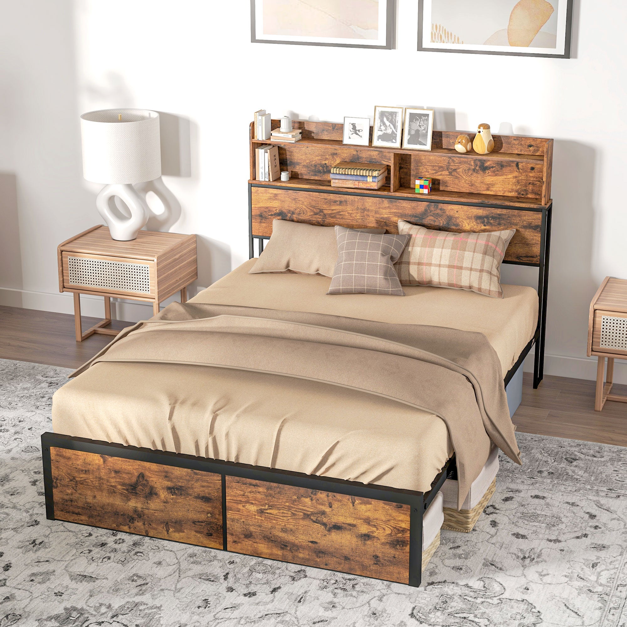 HOMCOM Industrial Double Bed Frame, 4.8FT Steel Bed Base with Storage Headboard, Footboard, Slatted Support and Under Bed Storage, 145 x 209cm, Rustic Brown - North Peak Garden Furniture