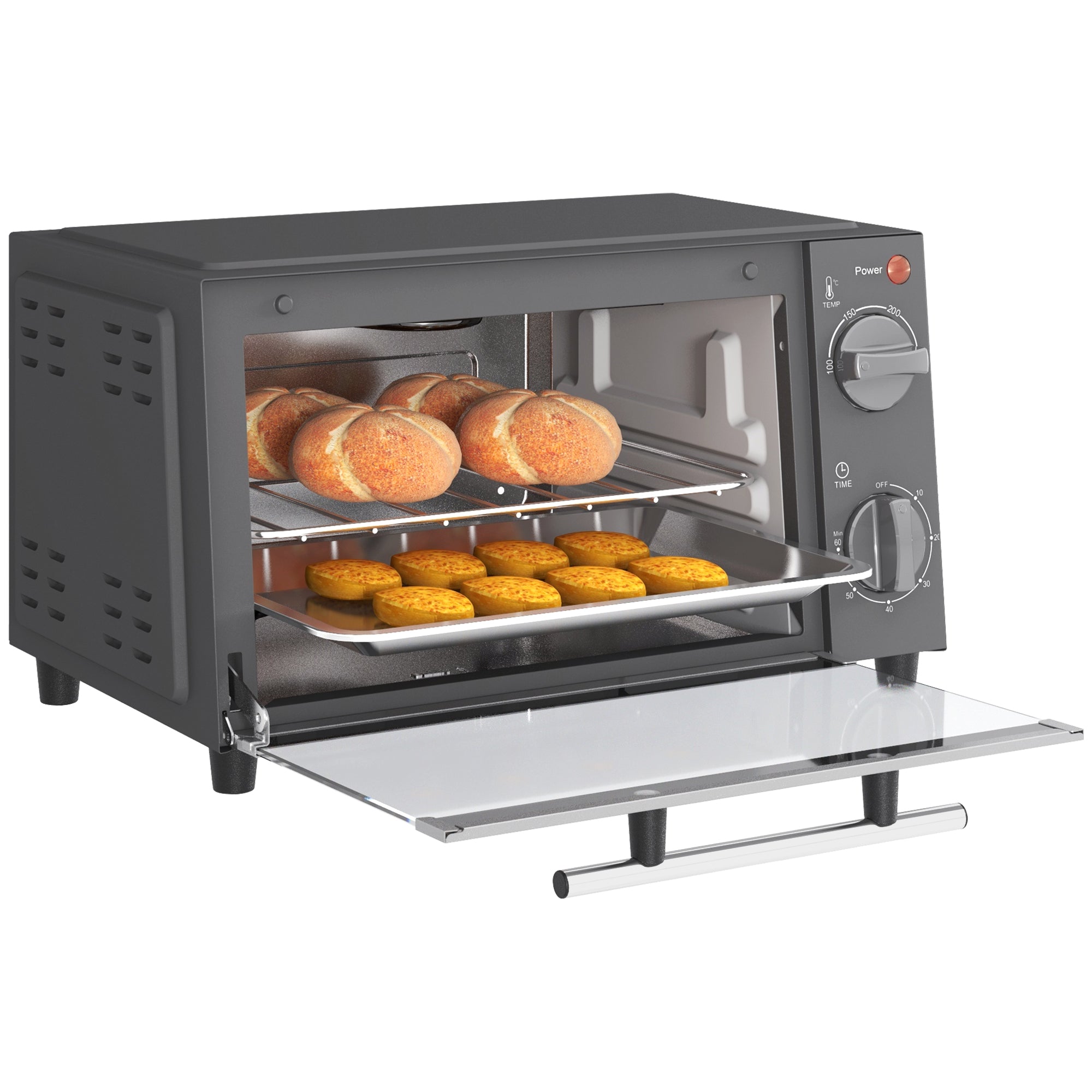 HOMCOM Mini Oven, 9L Countertop Electric Grill, Toaster Oven with Adjustable Temperature, Timer, Dishwasher Safe Baking Tray and Wire Rack, 750W, Grey