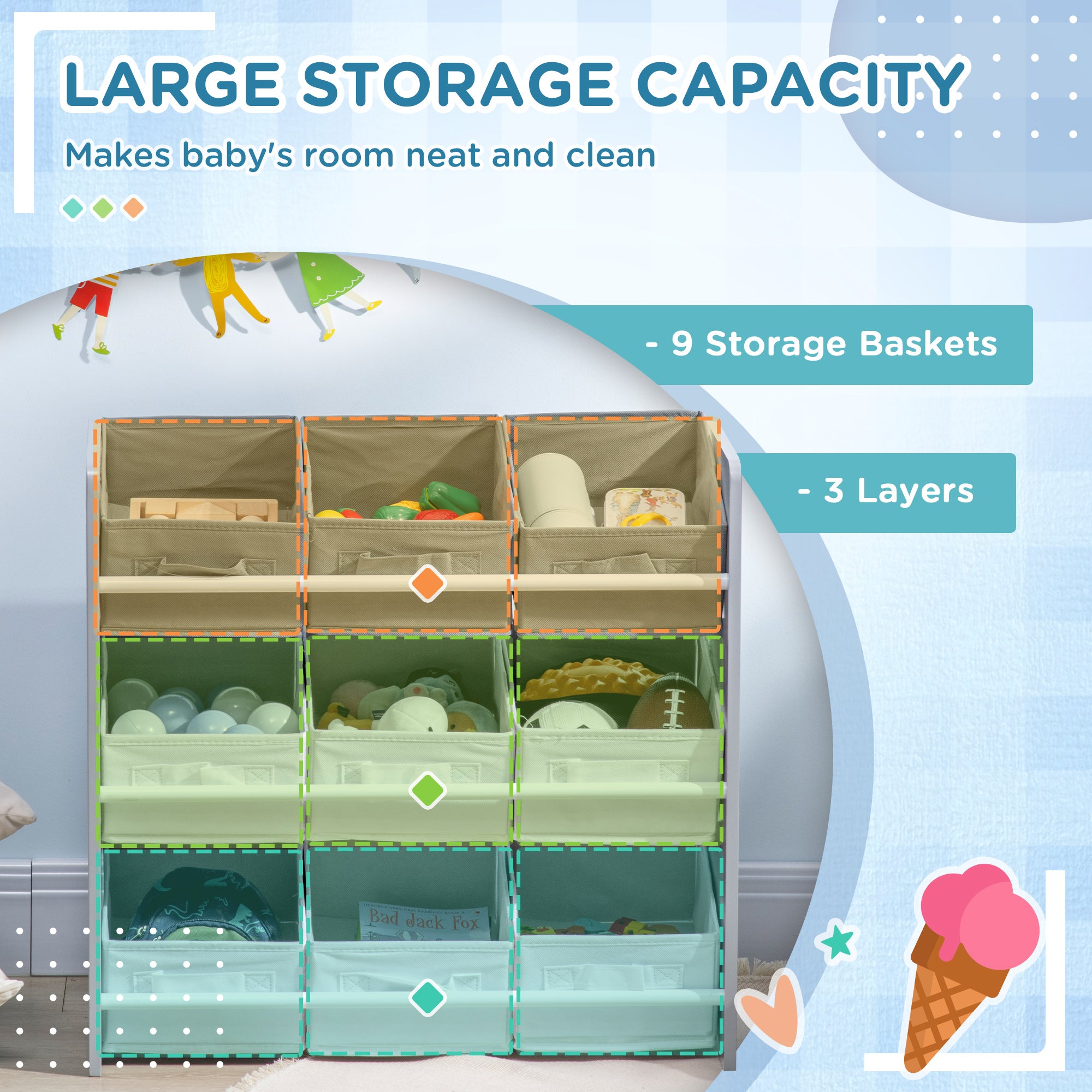 ZONEKIZ Kids Storage Rack, with Nine Removable Baskets, for Nursery, Bedroom, Playroom - Grey - North Peak Garden Furniture