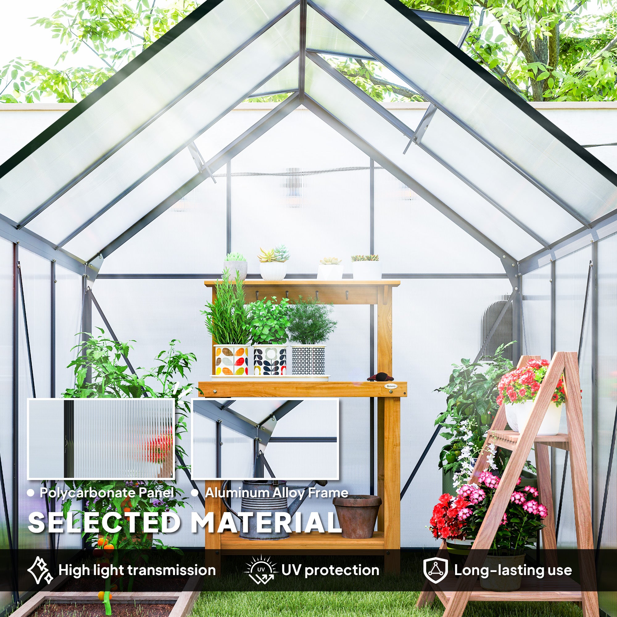 Outsunny 190 x 190cm Walk-In Polycarbonate Greenhouse - Grey - North Peak Garden Furniture