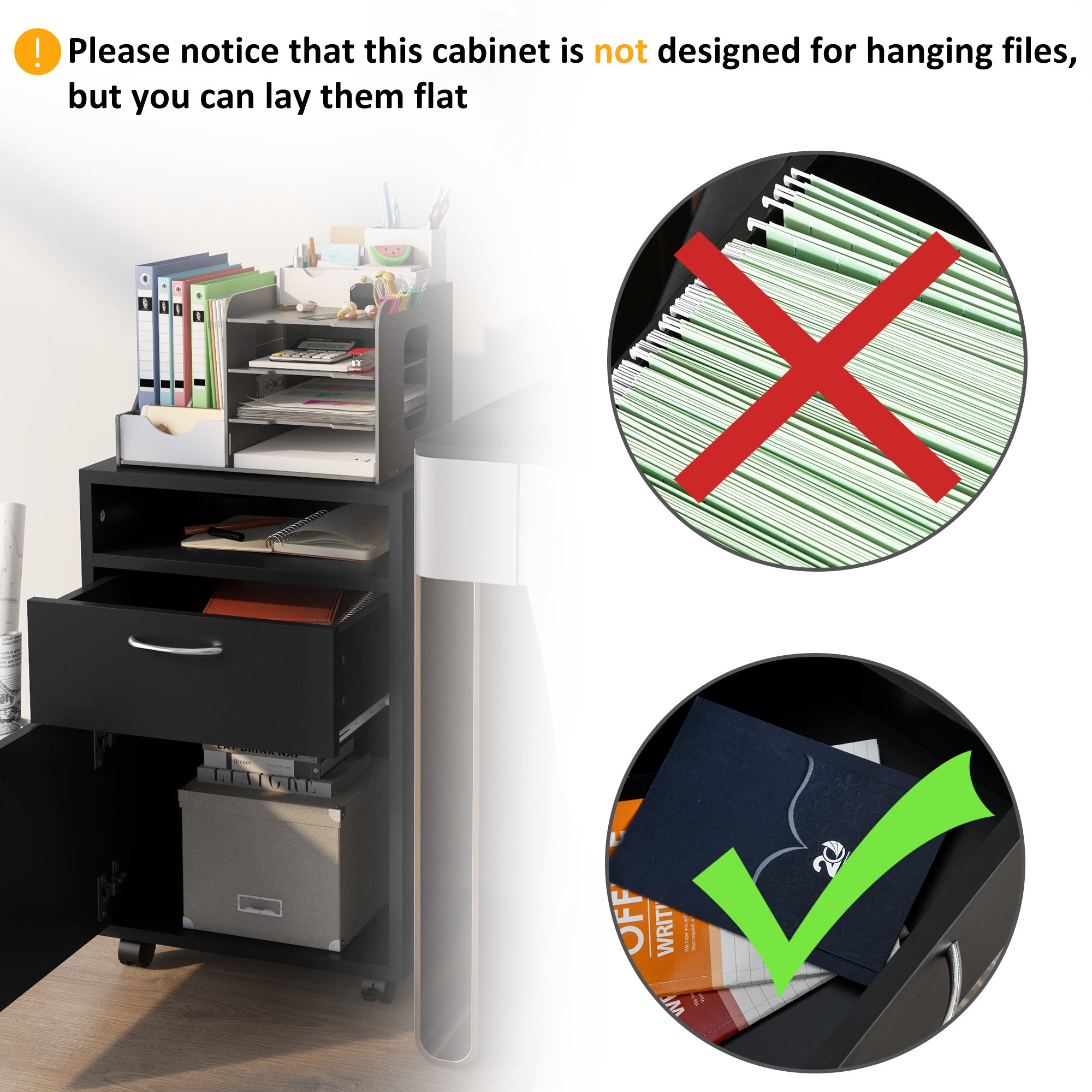 HOMCOM 60cm Storage Cabinet with Drawer, Open Shelf, Metal Handles and 4 Wheels, Office Home Organiser Mobile Printer, Black - North Peak Garden Furniture