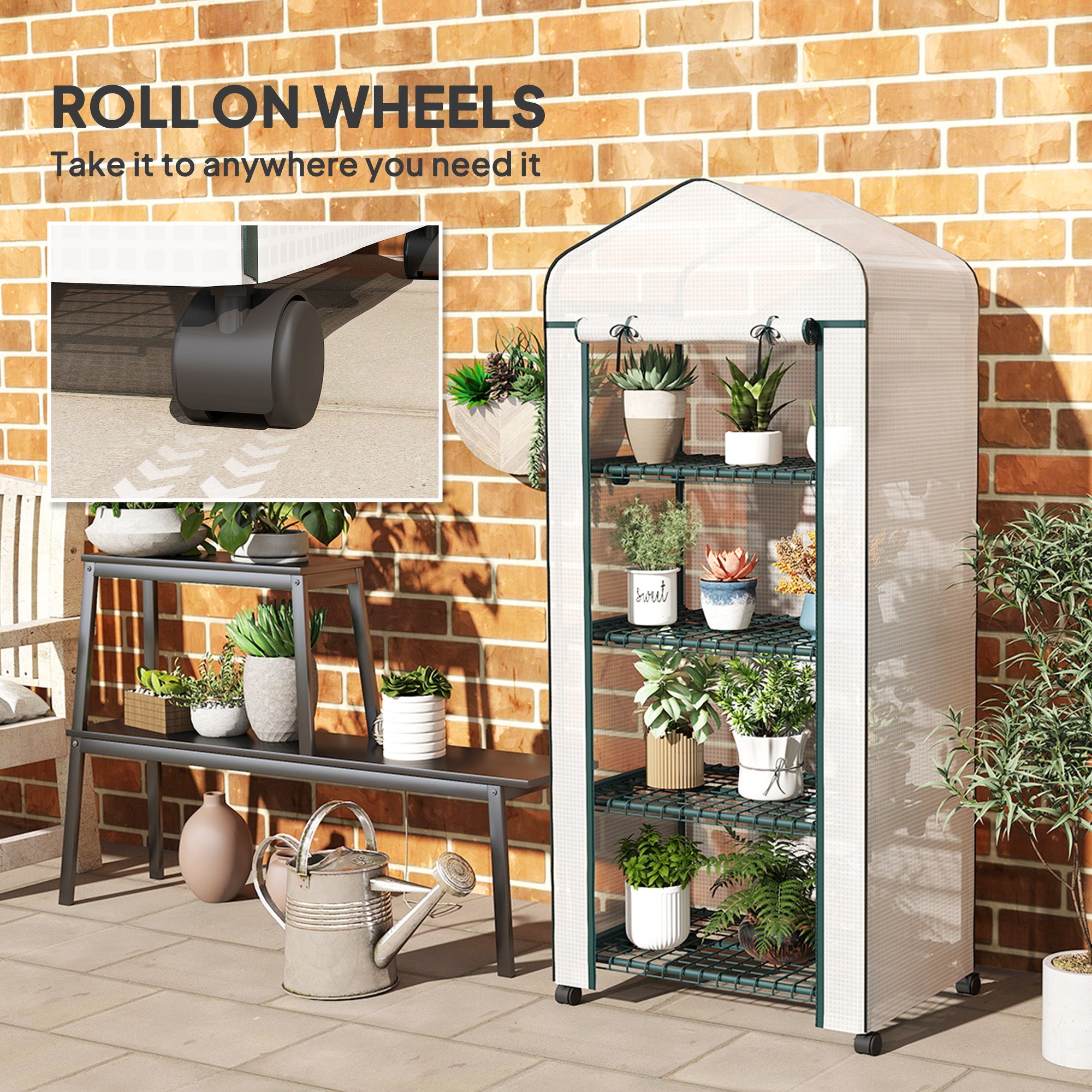 Outsunny 4 Tier Mini Portable Greenhouse Compact Plant Grow Shed Metal Frame PE Cover with Lockable Rolling Wheels, White