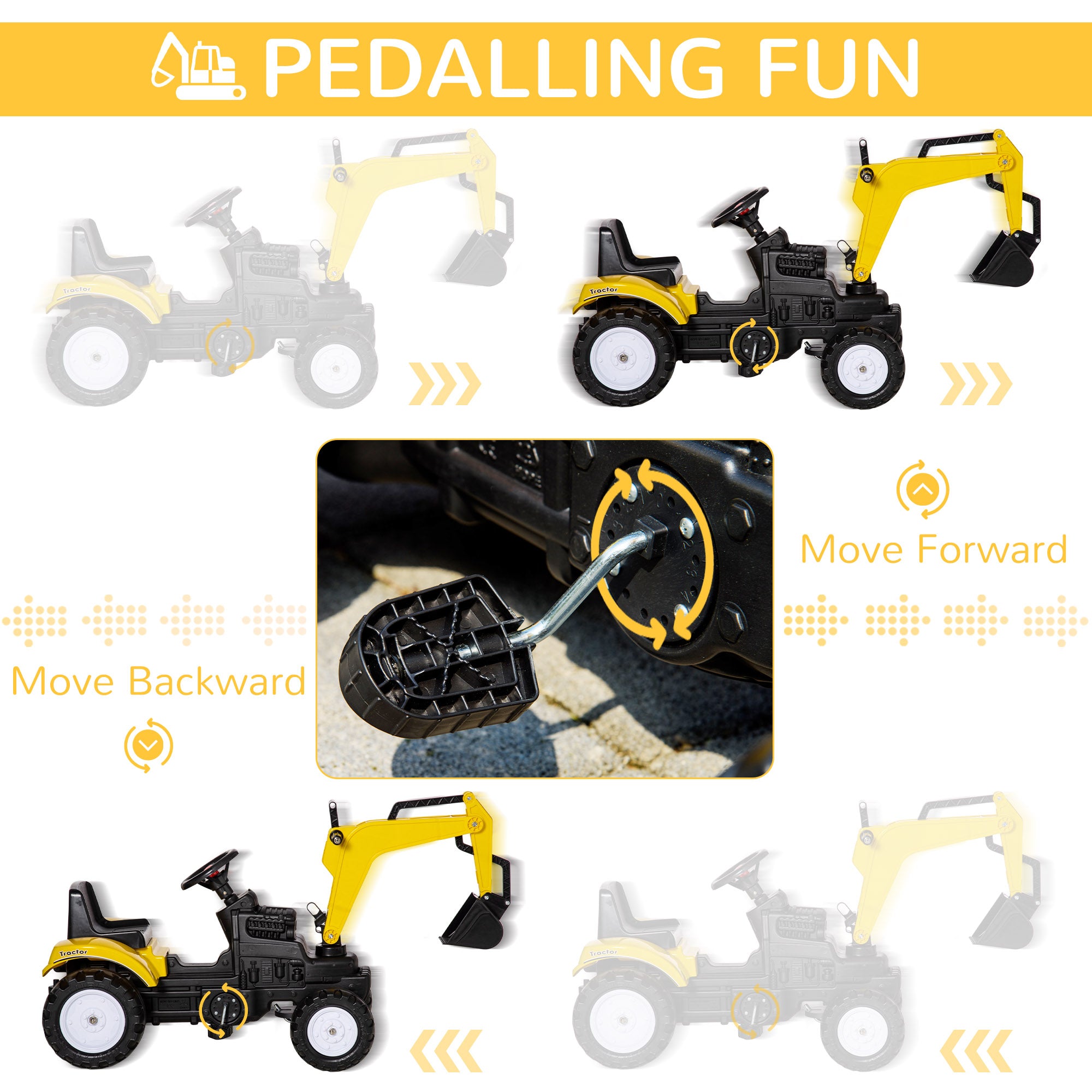 HOMCOM Kids Ride on Digger Pedal Go Kart Pretend Play Construction No Power Truck with Horn for 3 - 6 Years, Yellow