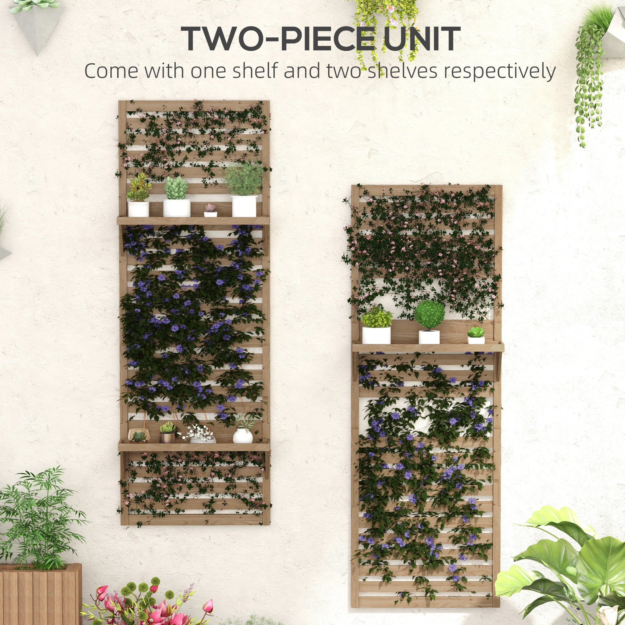 Outsunny Wall Mounted Plant Stands Set of 2, Fir Wood Flower Stand with Shelves and Slatted Trellis for Patio, Balcony, Porch - North Peak Garden Furniture