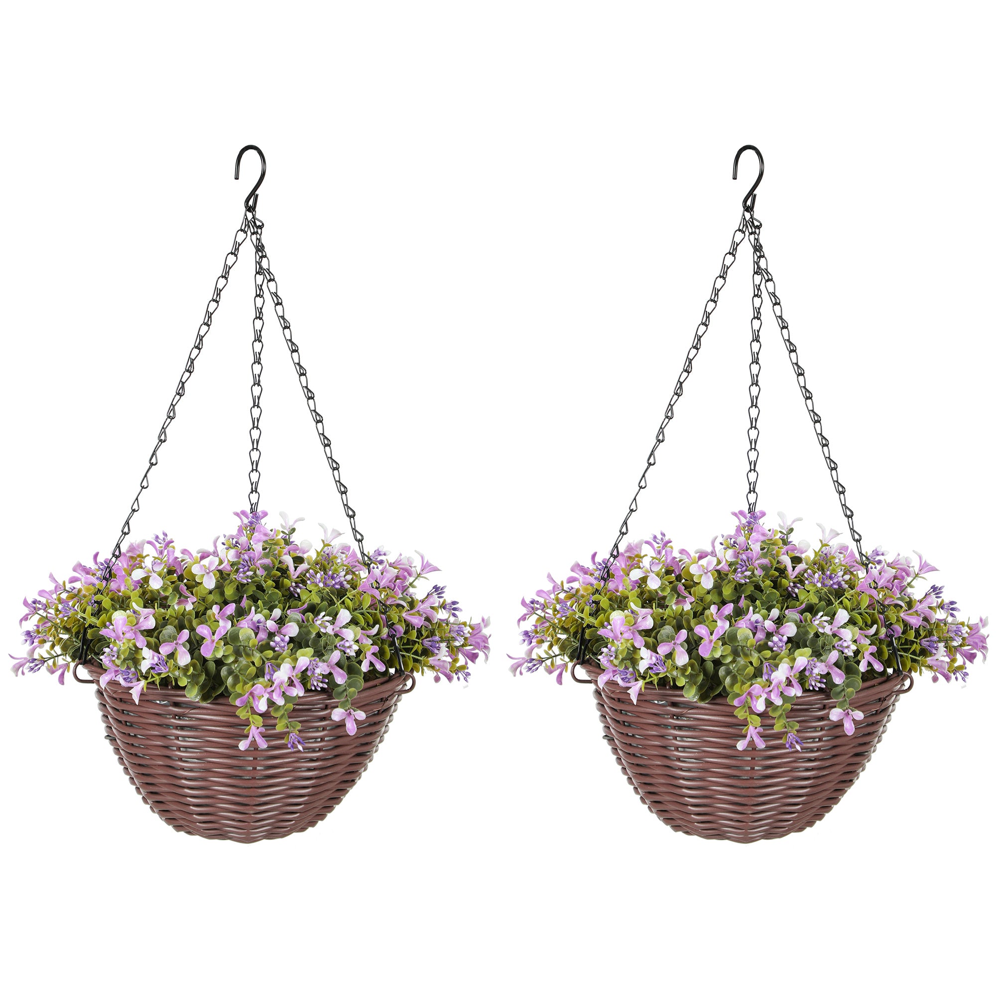 HOMCOM Artificial Flowers in Basket Set of 2, Artificial Hanging Baskets with 75 Leaves and 15 Flowers in Pot, Decorative Plant for Home Office Decor, Purple
