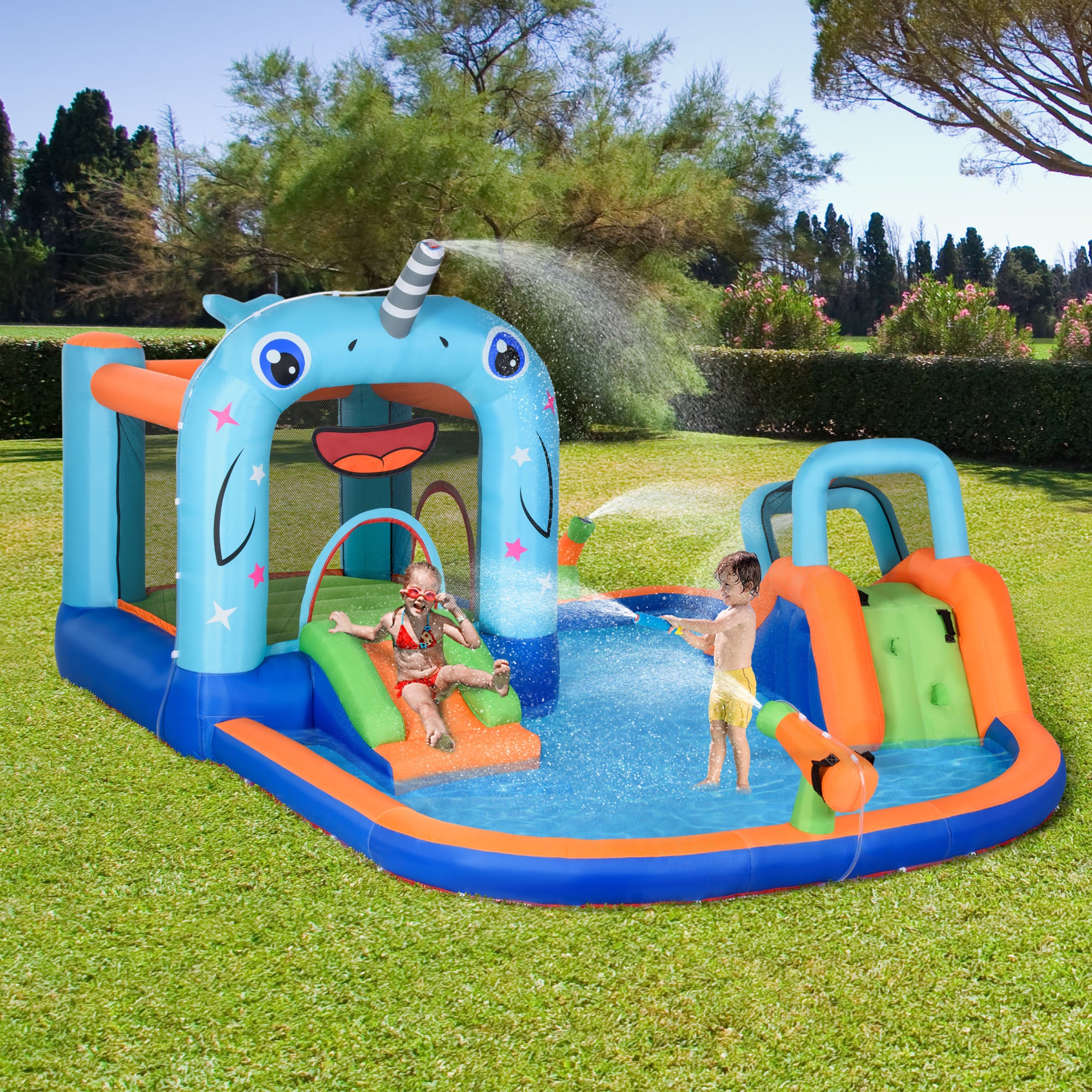 Outsunny Kids Inflatable Bouncy Castle, Narwhal Style Bouncy House, with Inflator, Carry