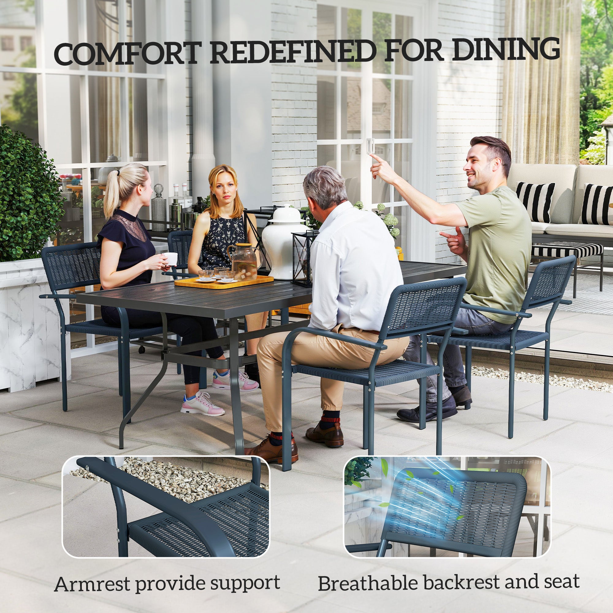Outsunny Garden Chairs Set of 4, Stackable Rattan Effect Dining Chairs with Armrest, Weather Resistant and Lightweight Outdoor Furniture Armchairs for Patio, Balcony, Terrace, Dark Grey - North Peak Garden Furniture