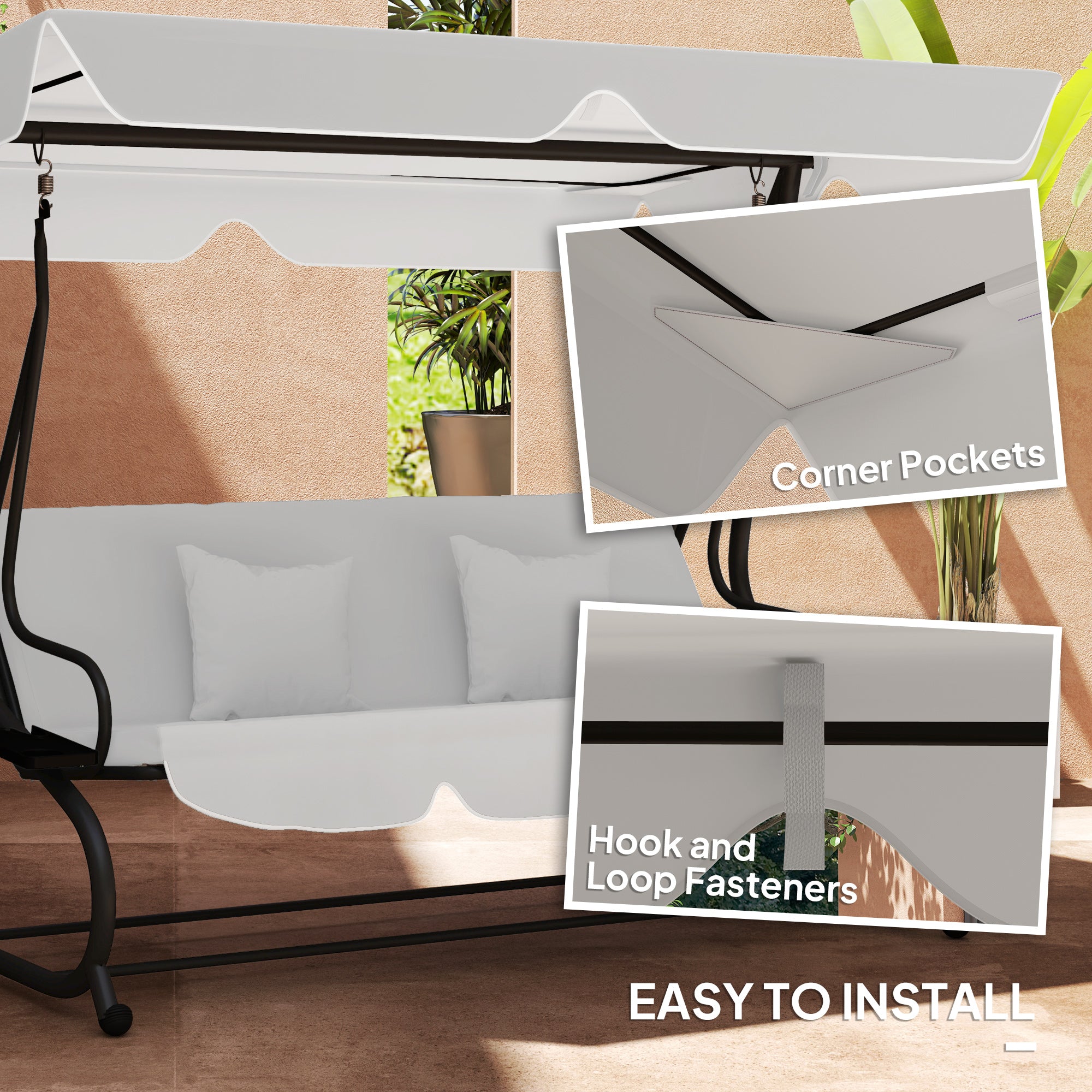 Outsunny Garden Swing Canopy Replacement 3 Seater, Waterproof Garden Swing Seat Canopy Cover, Windproof Anti-UV Sun Shade (Canopy Only) for Patio, Balcony, Light Grey - North Peak Garden Furniture