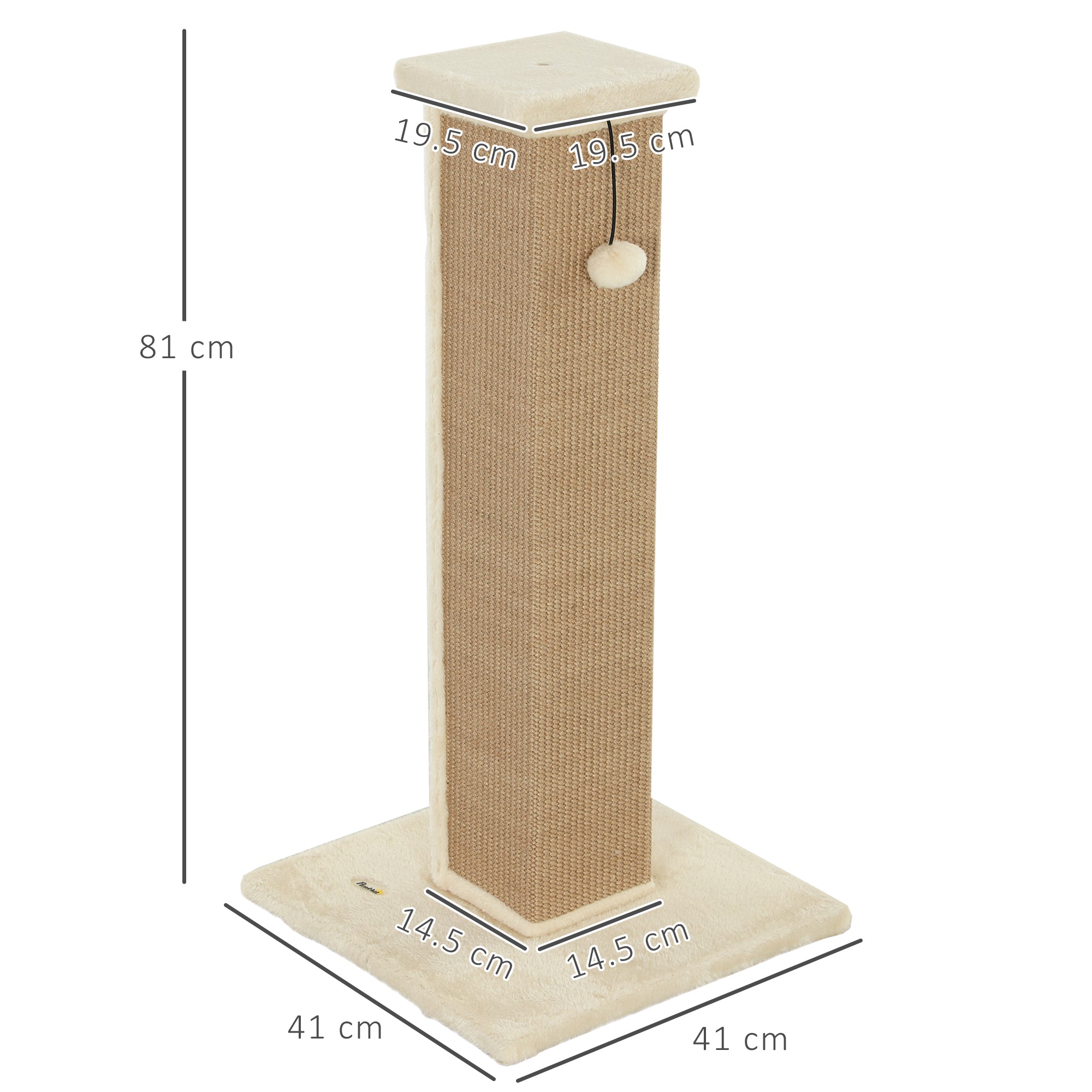 PawHut 81cm Cat Scratcher, Vertical Full Scratcher w/ Natural Jute Rope, Hanging Ball, Soft Plush - Beige - North Peak Garden Furniture
