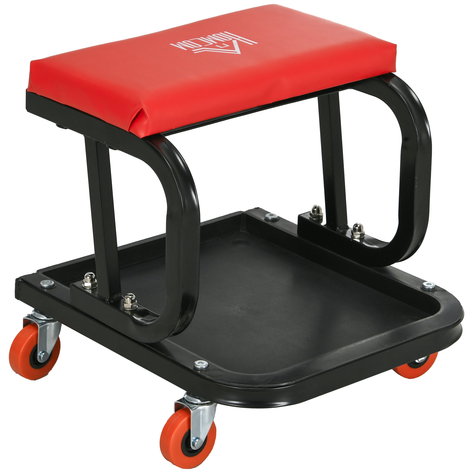 HOMCOM Workshop Stool, Rolling Mechanic Stool with 360 Degree Swivel, Padded Seat, Tool Tray, for Garage, Workshop, Auto Repair, Red - North Peak Garden Furniture