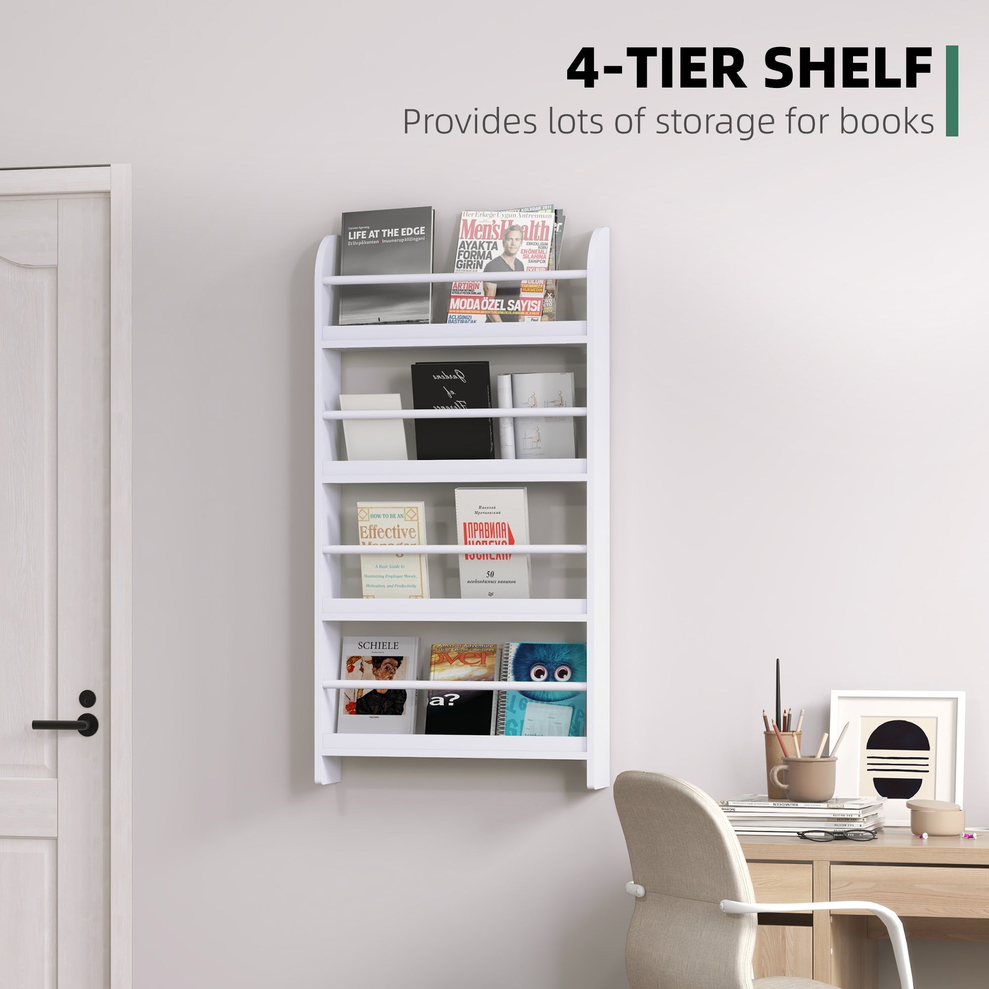 HOMCOM Wood Wall/Standing Magazine Holders Book Rack Shelf 4 Tiers Space Saving Design Water Resist Home Office Decoration - North Peak Garden Furniture