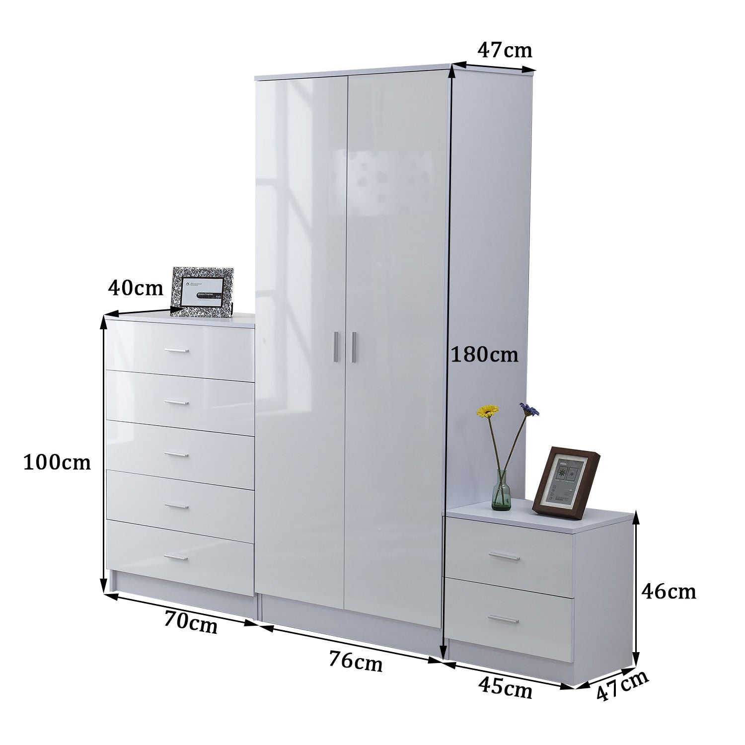 HOMCOM High Gloss 3 Piece Trio Bedroom Furniture Set Wardrobe + Chest Of Drawer + Bedside White - North Peak Garden Furniture