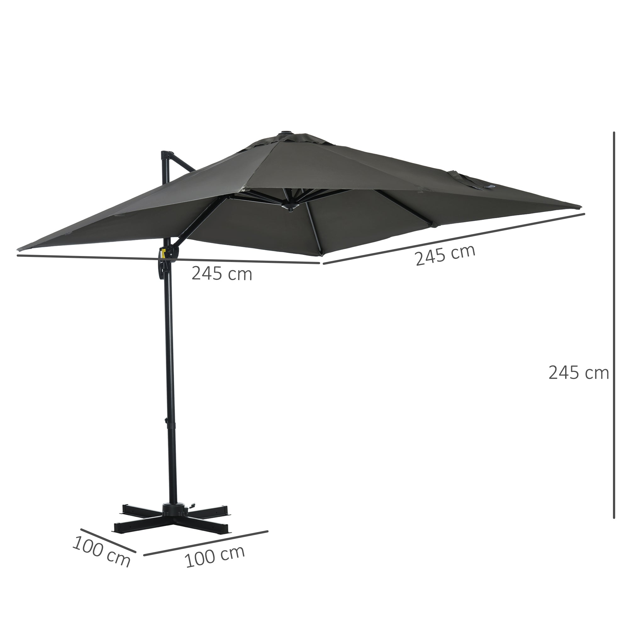 Outsunny 2.5 x 2.5m Patio Offset Parasol Umbrella Cantilever Hanging Aluminium Sun Shade Canopy Shelter 360° Rotation with Crank Handle and Cross Base, Grey