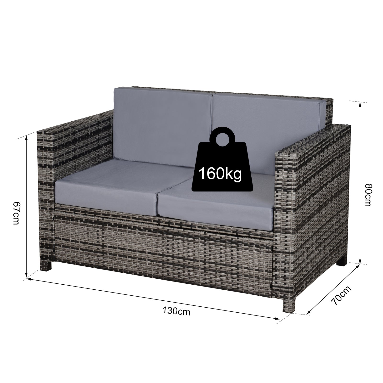 Outsunny 2 Seater Garden Furniture, Rattan Sofa with Soft Padded Cushion and Armrests, Wicker Garden Loveseat for Patio, Mixed Grey - North Peak Garden Furniture