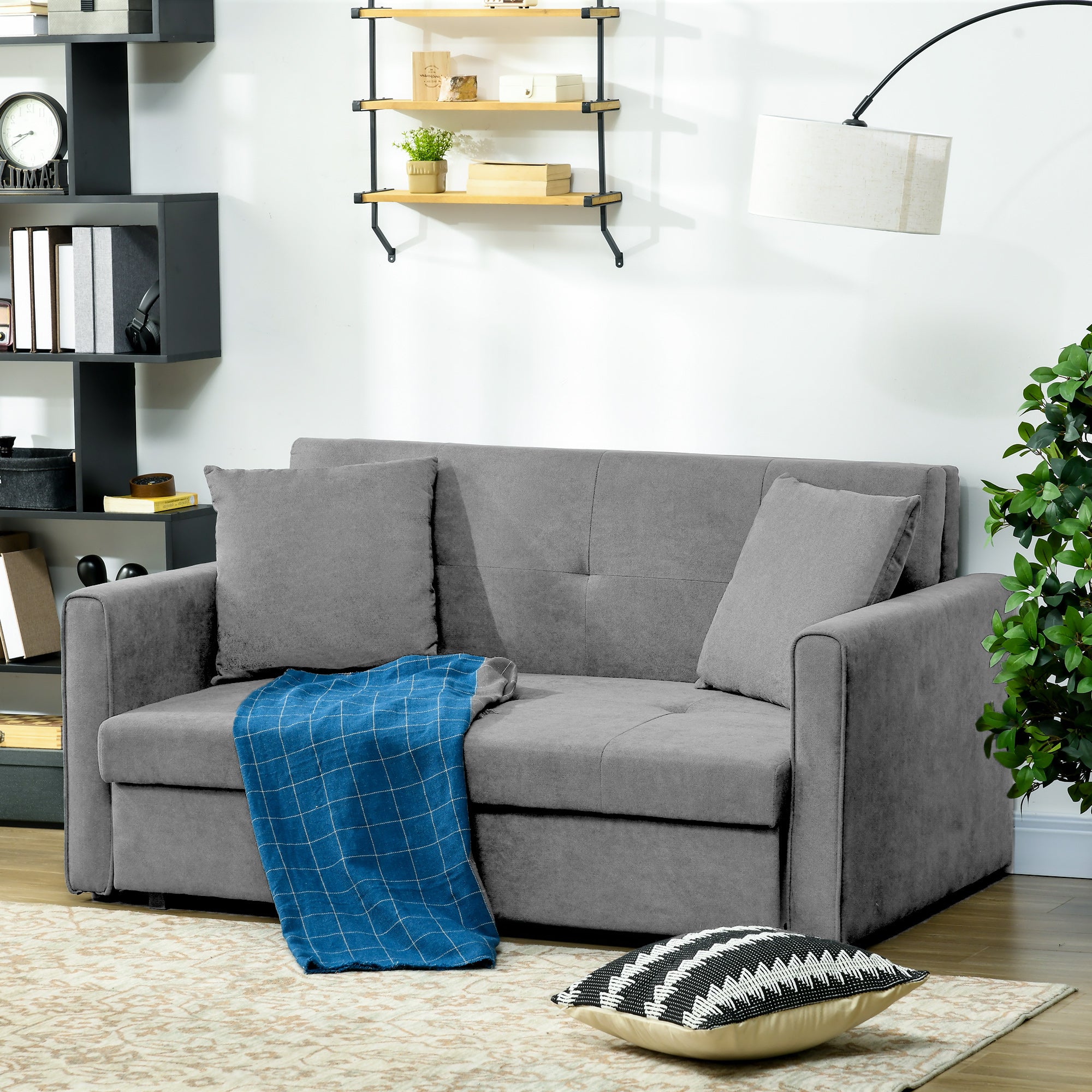 HOMCOM 2 Seater Sofa Bed, Convertible Bed Settee, Modern Fabric Loveseat Sofa Couch with 2 Cushions, Hidden Storage for Living Room, Guest Room, Light Grey - North Peak Garden Furniture