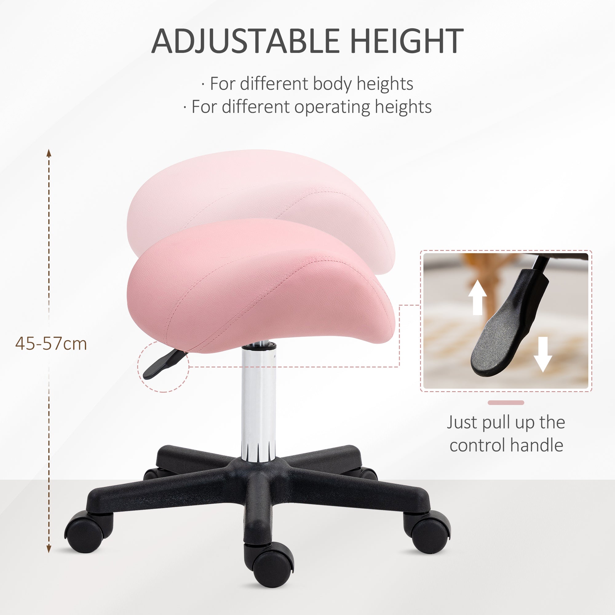 HOMCOM Saddle Stool, PU Leather Adjustable Rolling Salon Chair with Steel Frame for Massage, Spa, Beauty and Tattoo, Pink - North Peak Garden Furniture