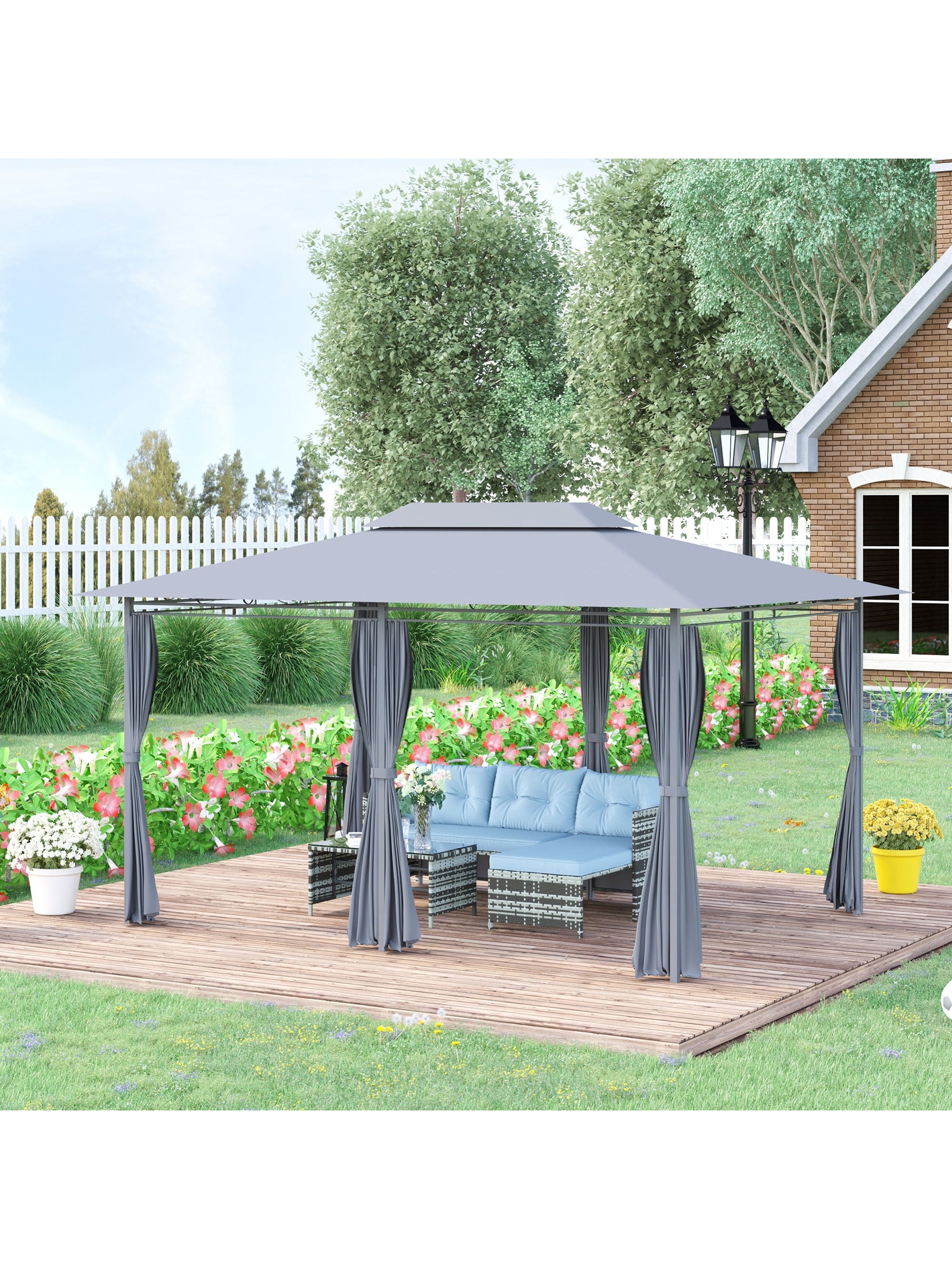 Outsunny 4m x 3(m)Garden Gazebo, Double Roof Outdoor Gazebo Canopy Shelter with Curtains, Solid Steel Frame for Lawn and Deck, Grey - North Peak Garden Furniture