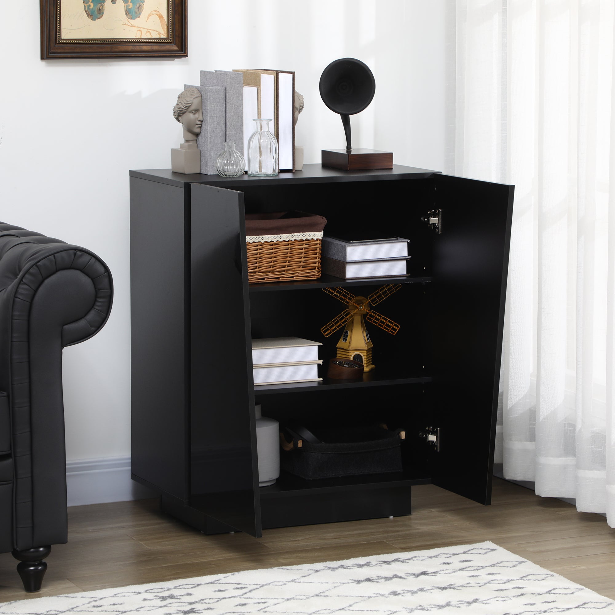 HOMCOM High Gloss Storage Cabinet, Freestanding Storage Cupboard with Adjustable Shelves for Living Room, Bedroom, Hallway, Black - North Peak Garden Furniture