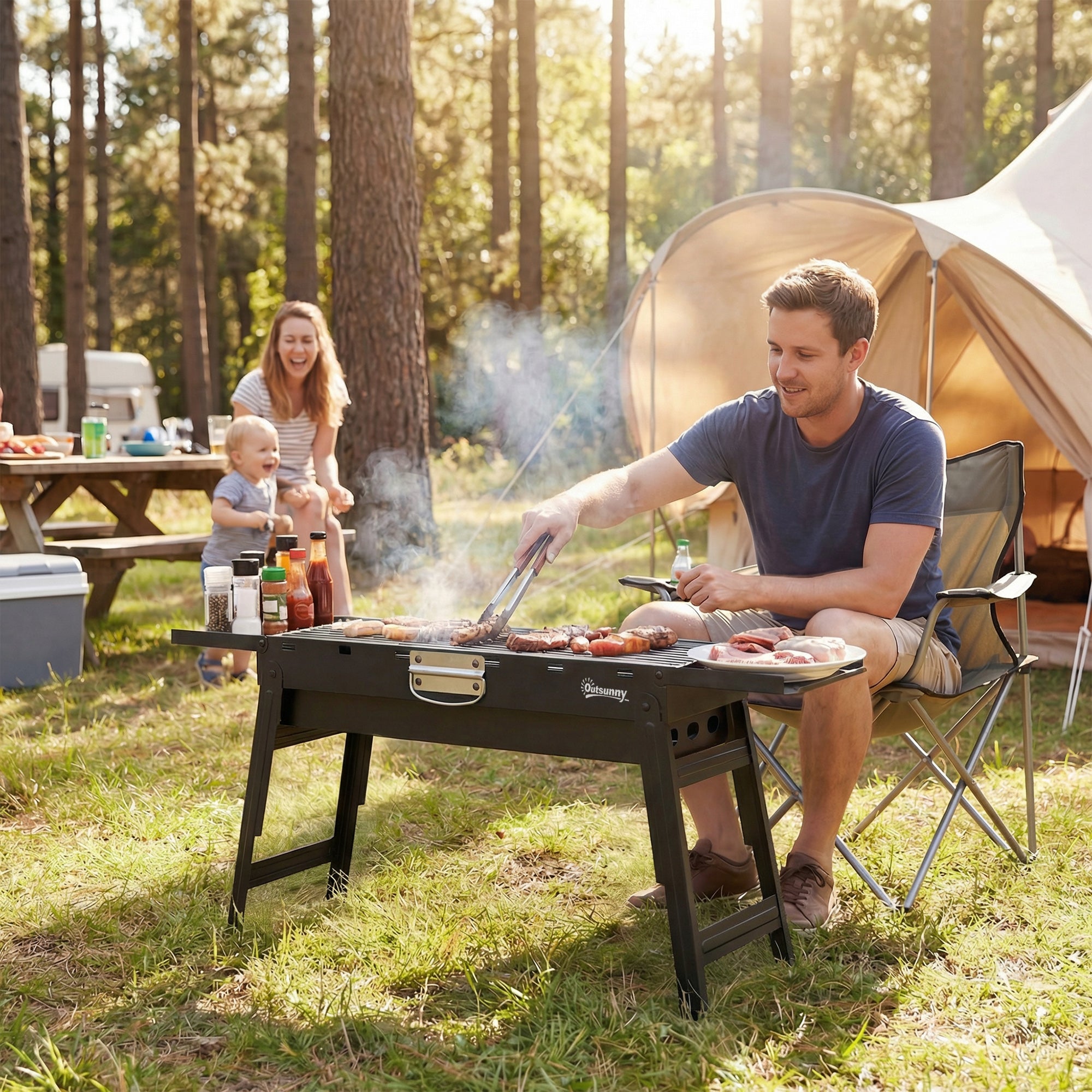 Outsunny Portable BBQ Grill, Foldable Charcoal Grill for Camping and Picnics with 2 Side Shelves and Handle, Black