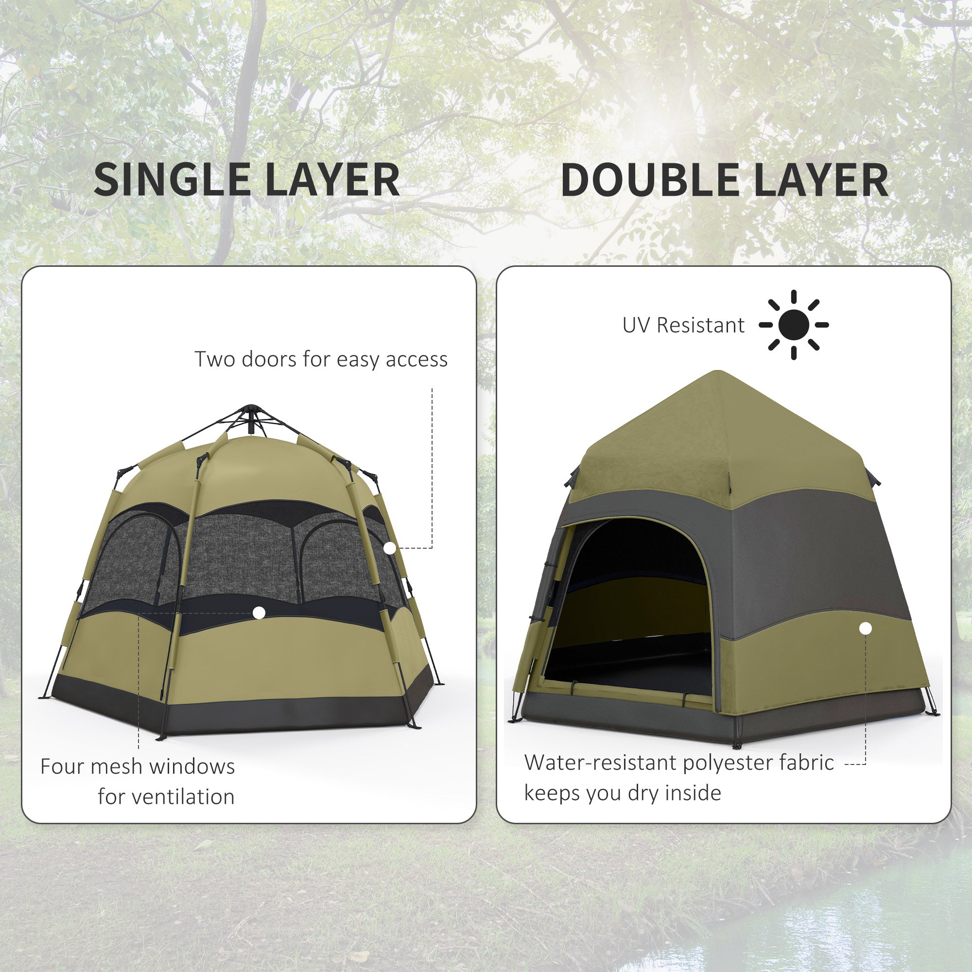 Outsunny Six Man Hexagon Camping Tent with Hang Hook and Carry Bag - Dark Green and Light Grey - North Peak Garden Furniture