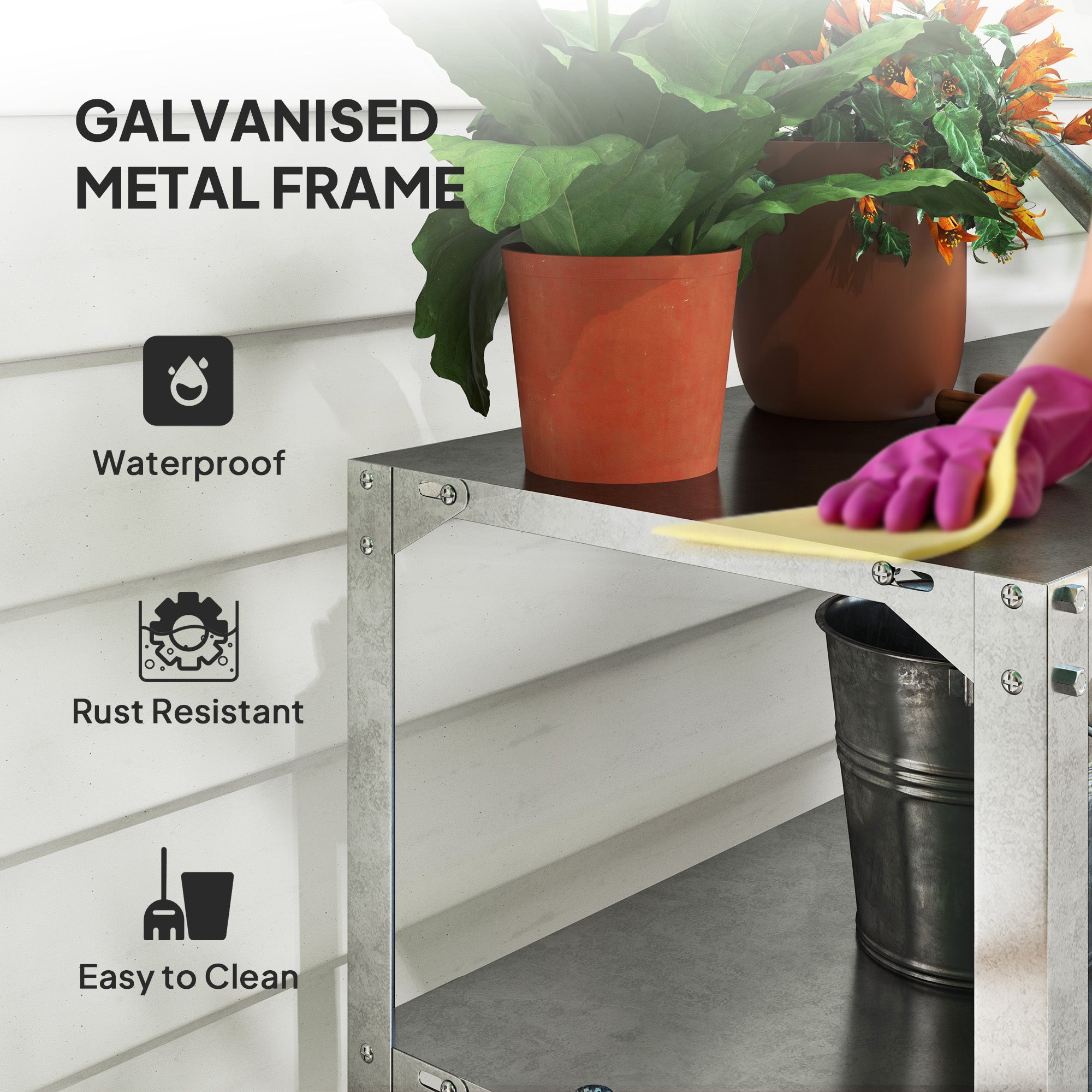 Outsunny 2 Tier Potting Bench Table, Galvanised Steel Garden Planting Work Bench Workstation with Storage Shelf for Outdoor, Patio, Greenhouse, 110 x 50 x 75 cm, Silver Tone - North Peak Garden Furniture