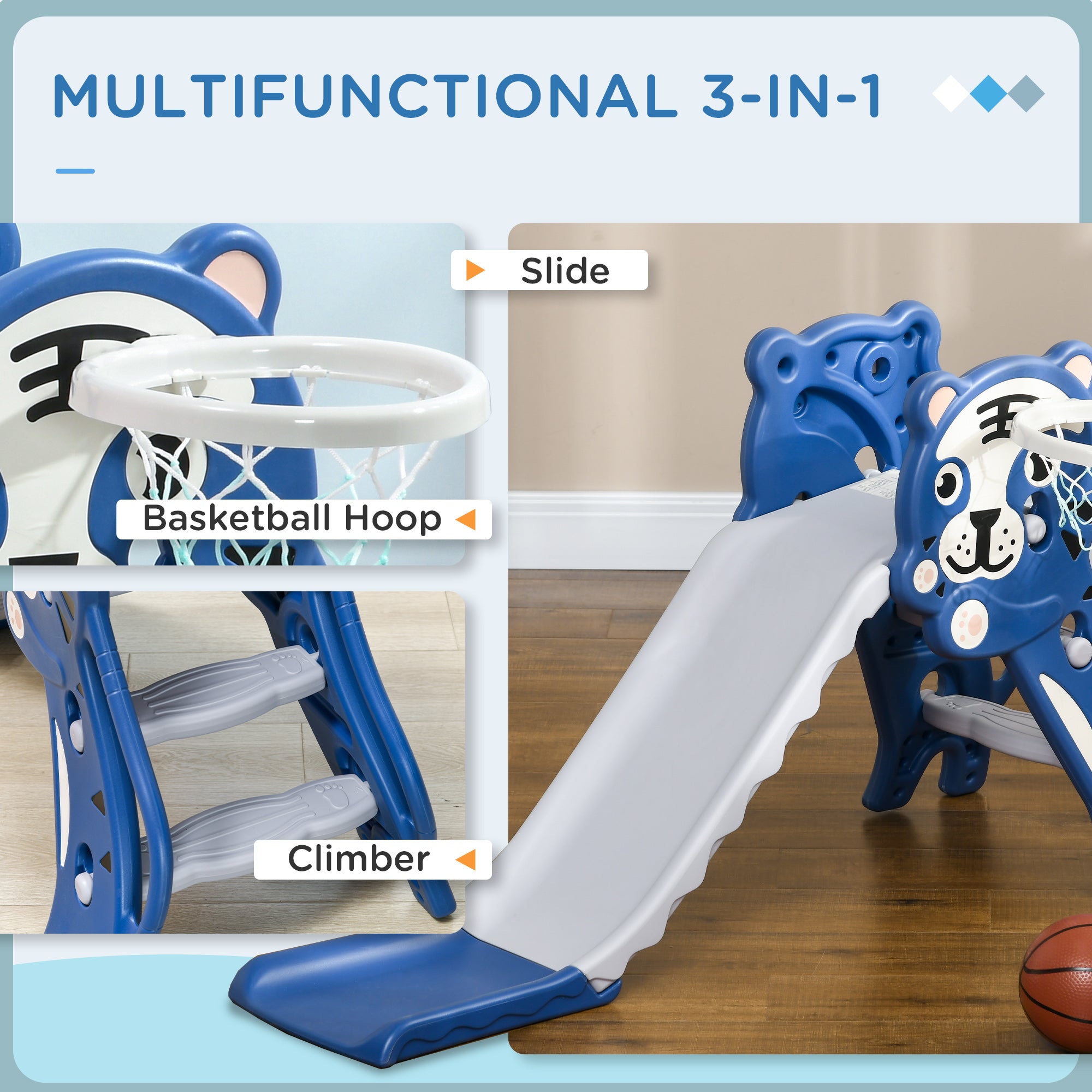 AIYAPLAY 2 in 1 Baby Slide for Indoor Use with Basketball Hoop, Basketball, for Ages 18-36 Months - Blue - North Peak Garden Furniture