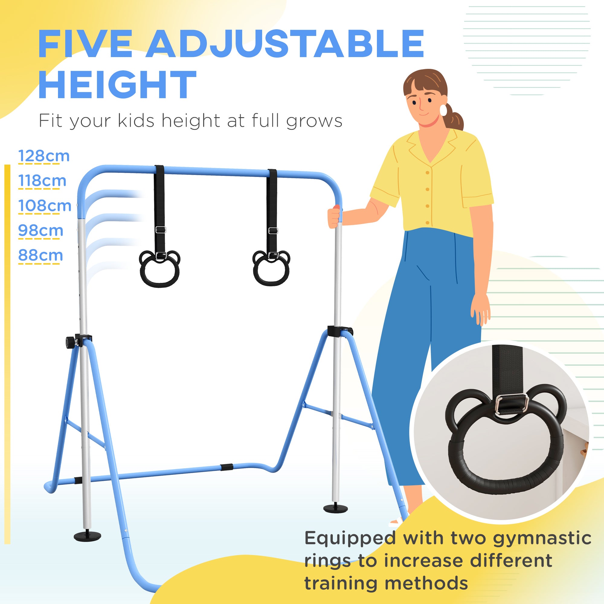 HOMCOM Adjustable Height, Foldable Kids Gymnastics Bar w/ Non-Slip Mats, for 3+ Years, Blue - North Peak Garden Furniture
