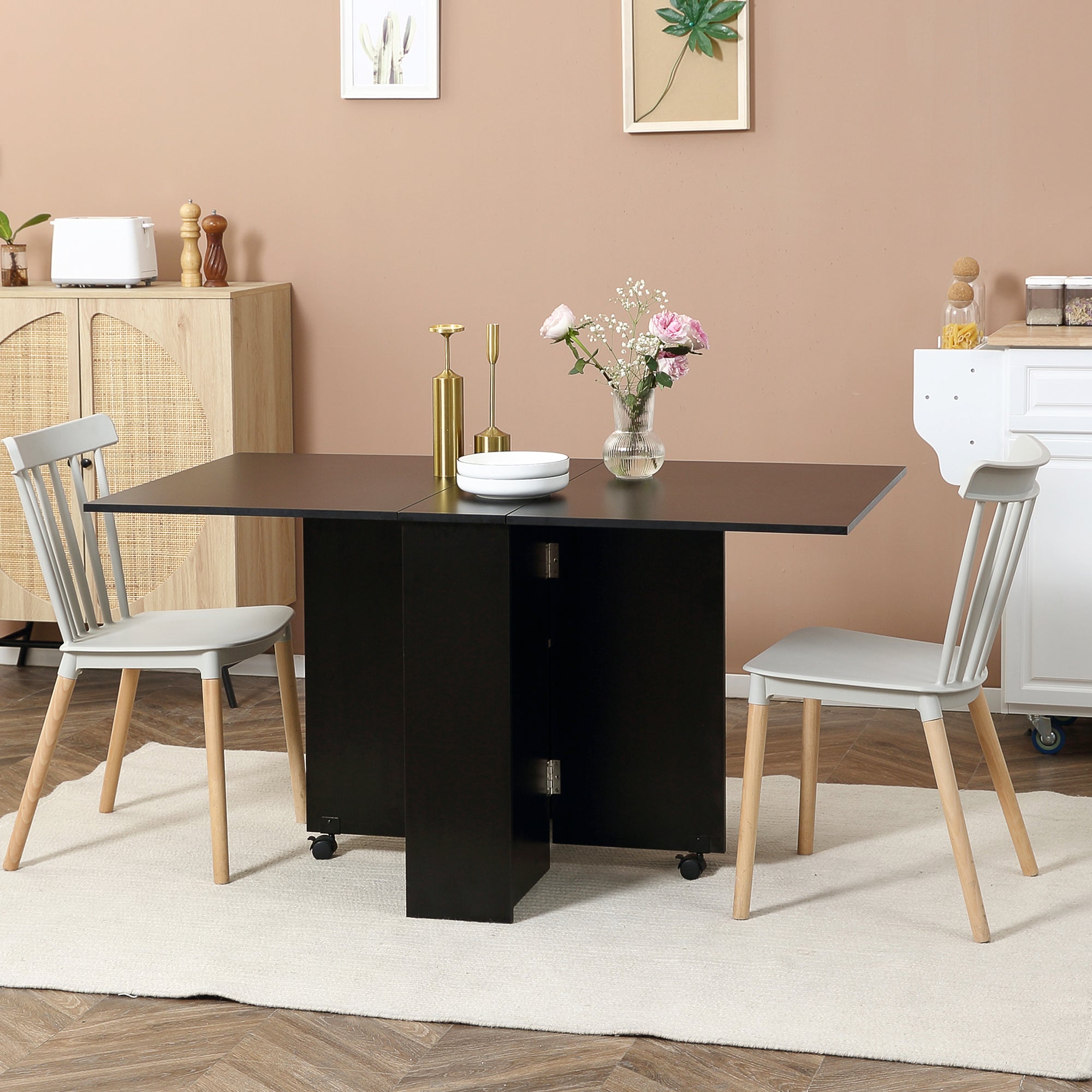 HOMCOM Foldable Dining Table, Extendable Drop Leaf Table with 2-tier Shelves, Small Dinner Table with Rolling Casters