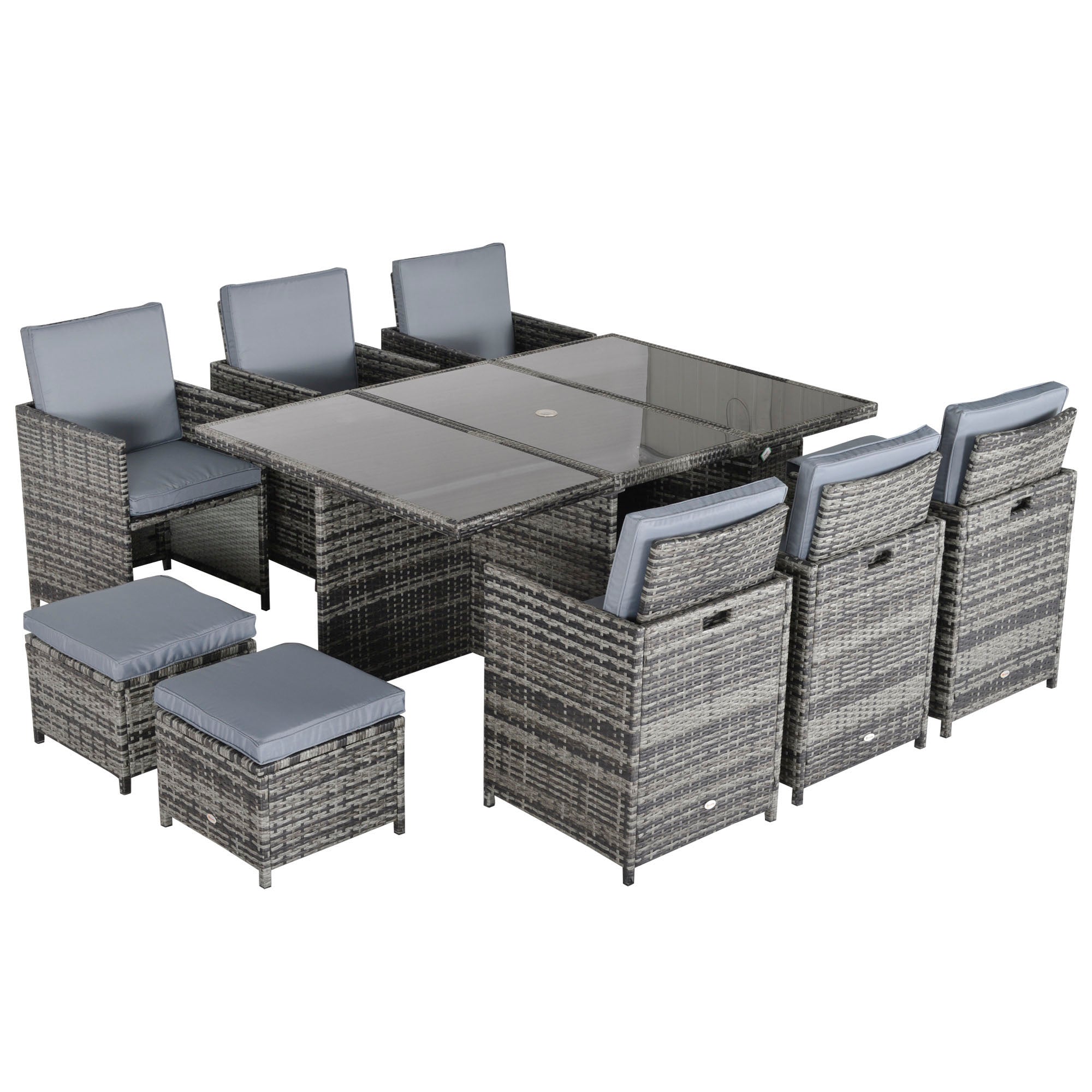Outsunny 10 Seater Rattan Cube Garden Furniture Set with Parasol Hole, Rattan Dining Set with Cushions, Outdoor Dining Table and Chairs with Rectangular Glass Top Table for Patio, Mixed Grey - North Peak Garden Furniture
