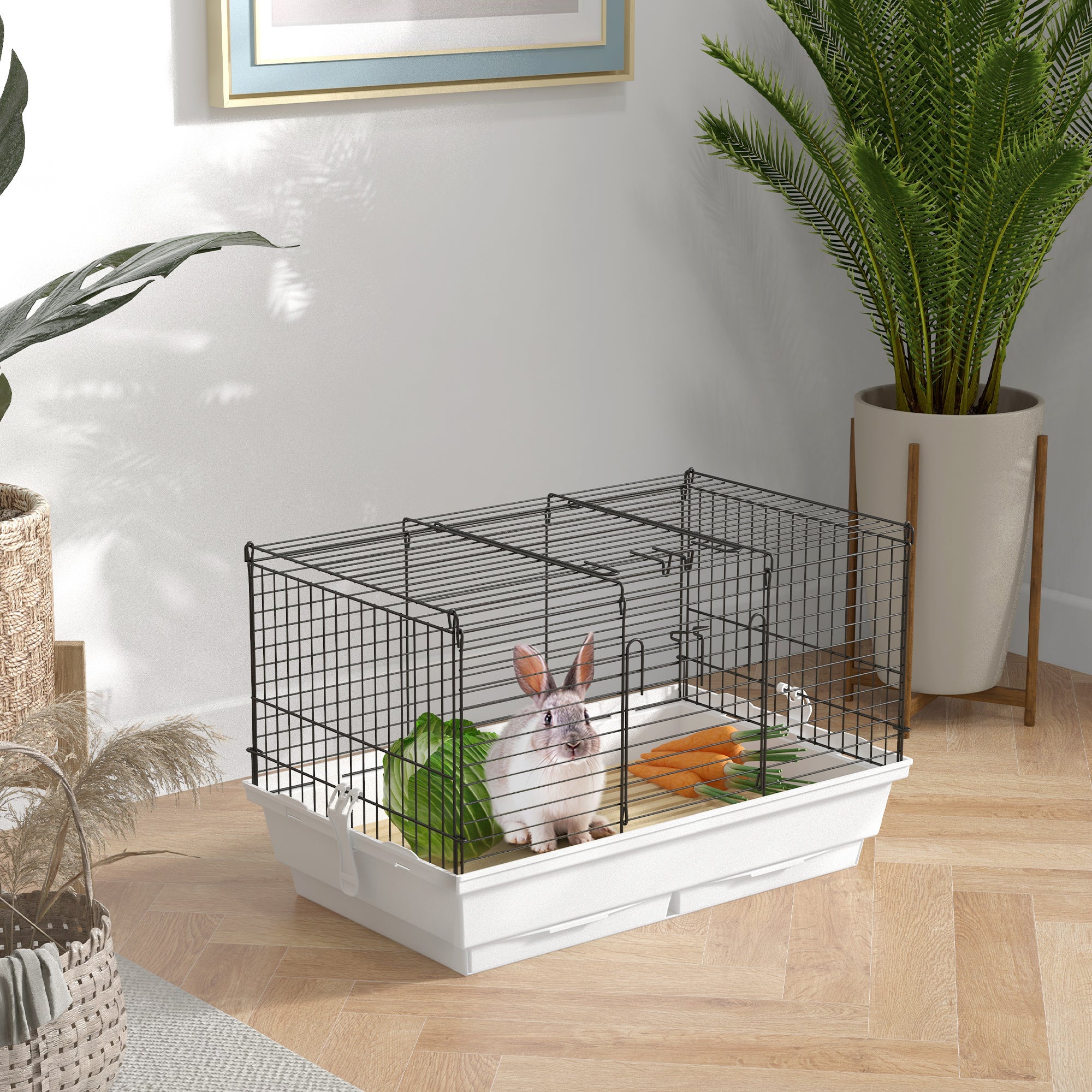 PawHut Indoor Small Animal Cage with Wood Floor, Bunny Guinea Pig House with Removable Tray, 61.5 x 38 x 40 cm, White | Aosom UK