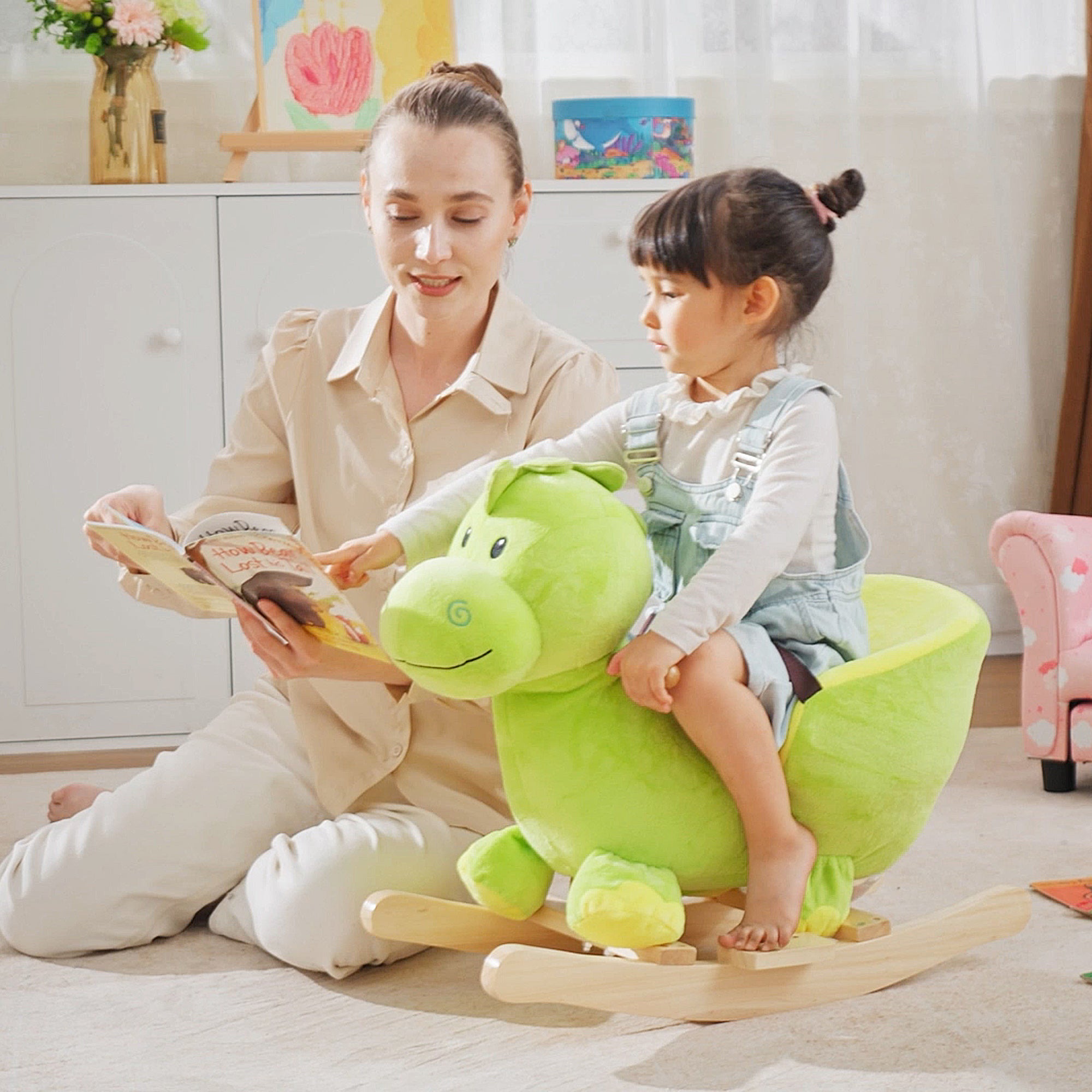 HOMCOM Kids Rocking Horse, Plush Ride-On Dinosaur Seat, with Seat Safety Belt, 32 Songs, Ride-On Horse - North Peak Garden Furniture