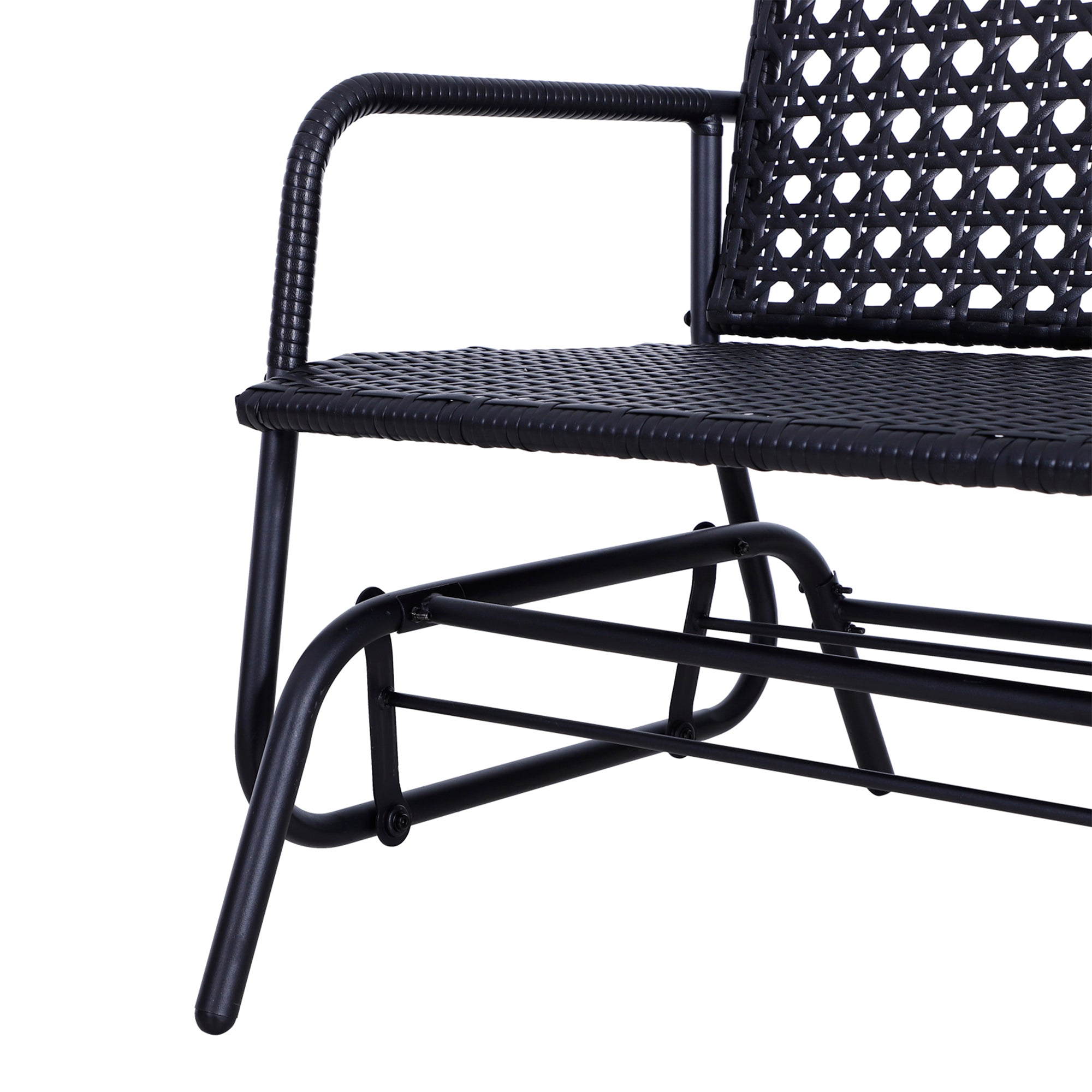 Outsunny 2 Seater PE Rattan Glider Bench, Outdoor Loveseat Chair with Steel Frame, Porch Rocking Glider for 2 Person with Armchair, High Back, Black - North Peak Garden Furniture
