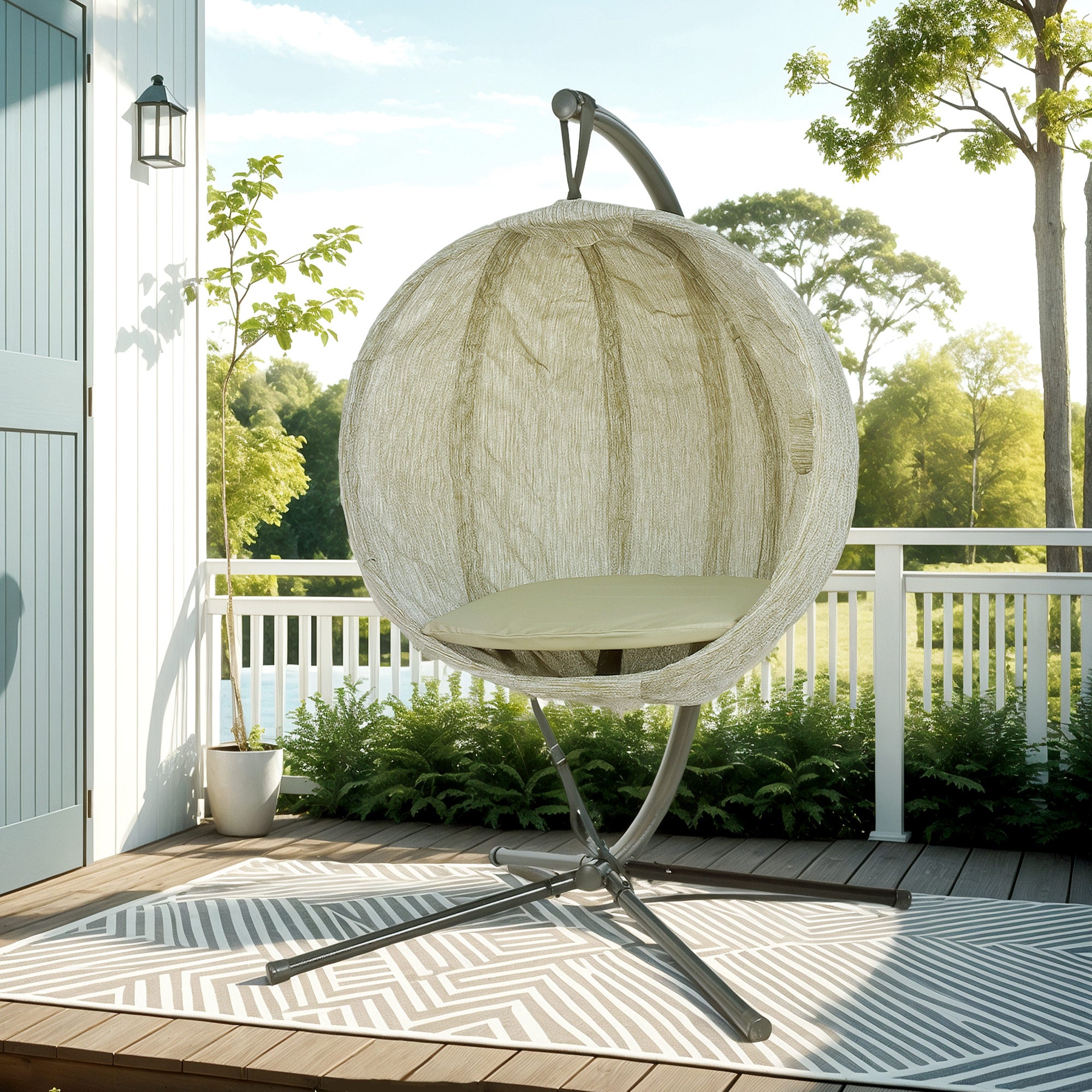 Outsunny Hanging Egg Chair Outdoor Indoor Garden Swing Chair with Folding Basket, Garden Hanging Chair with Stand, Thickened Cushion, Cup Holder for Patio, Balcony, Khaki - North Peak Garden Furniture
