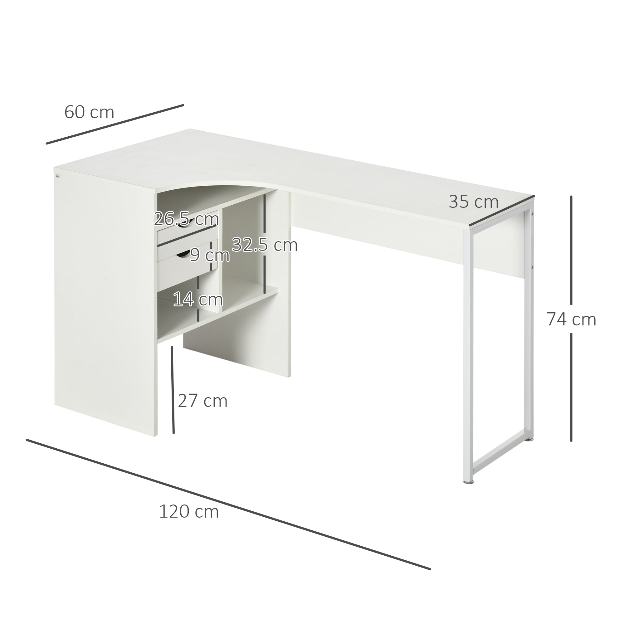 HOMCOM L Shaped Desk, 120cm Computer Desk, Corner Desk with 2 Drawers and 3 Storage Compartments for Home Office, Study Workstation, White - North Peak Garden Furniture