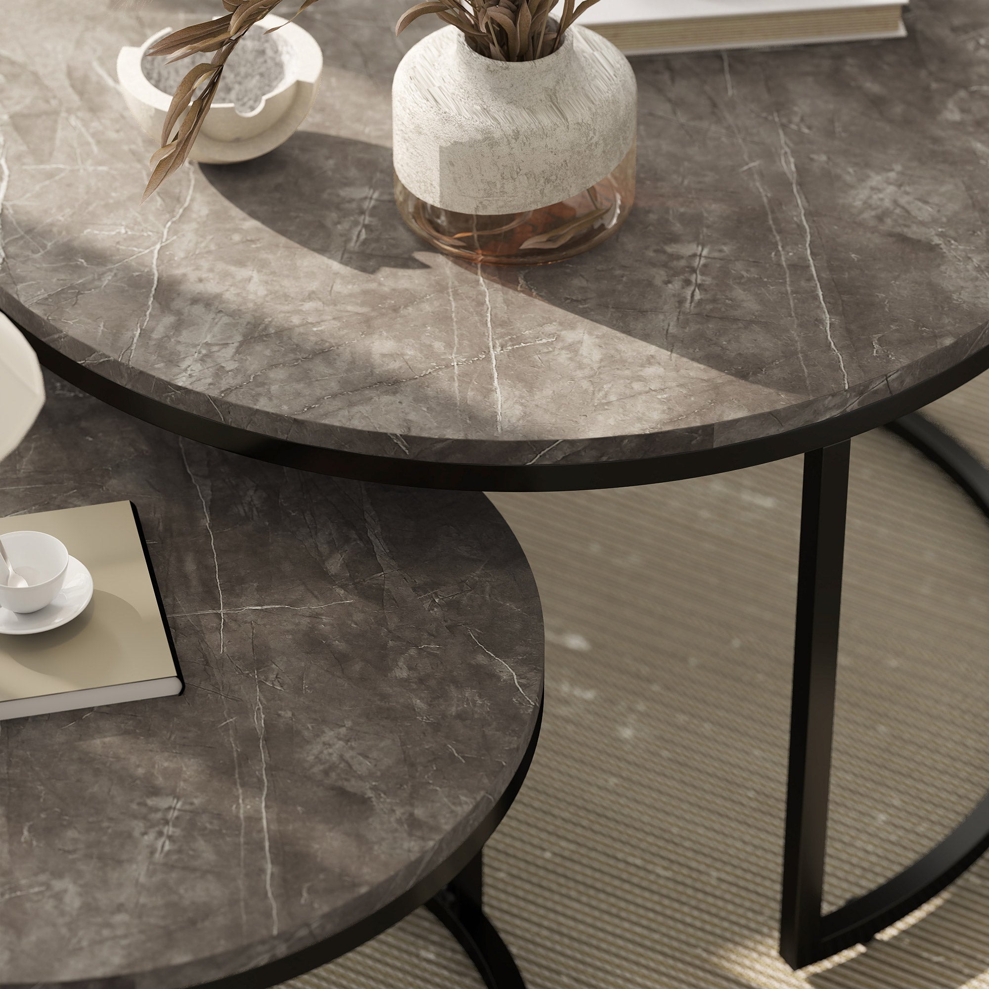 HOMCOM Industrial Nesting Coffee Table Set of 2, Round Coffee Tables, Living Room Table with Faux Marbled Top and Steel Frame - North Peak Garden Furniture