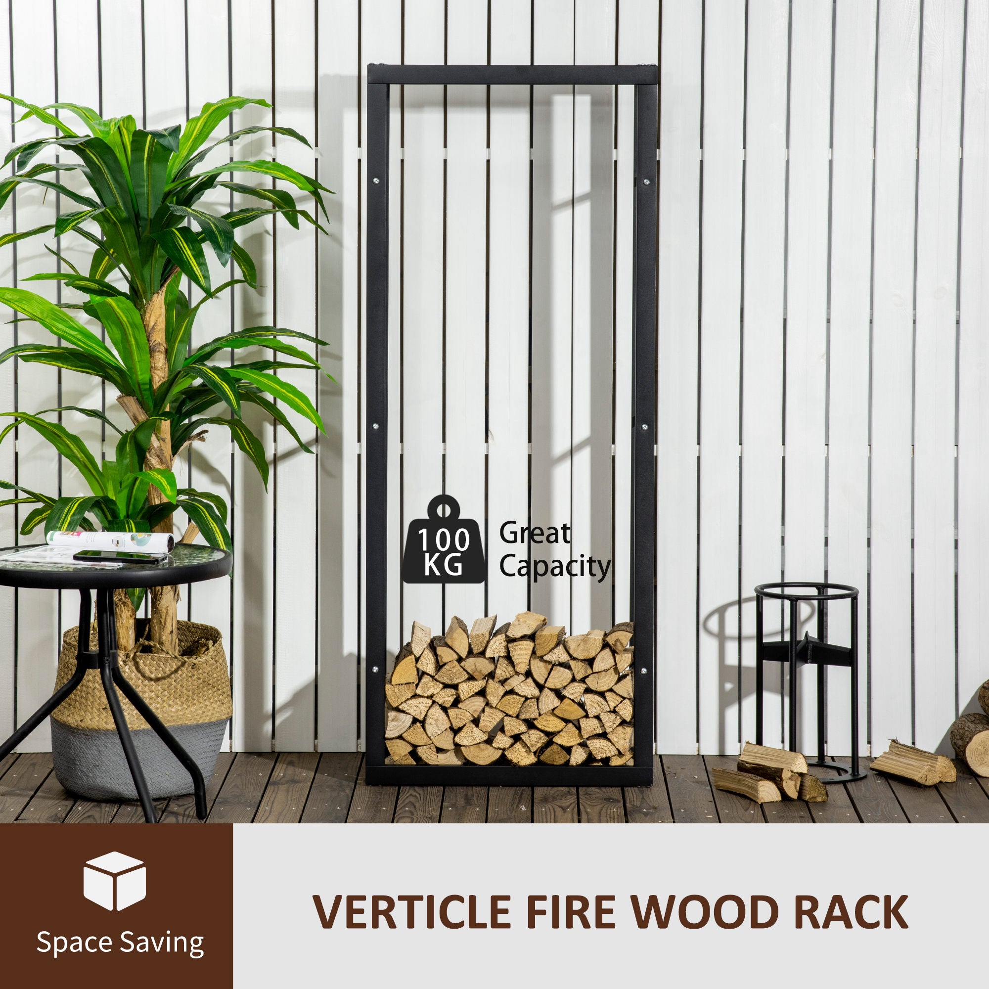 HOMCOM Metal Firewood Log Holder Tall Firewood Rack Indoor Outdoor Fireplace Wood Storage Shelf, Black, 60Wx25Dx150Hcm - North Peak Garden Furniture